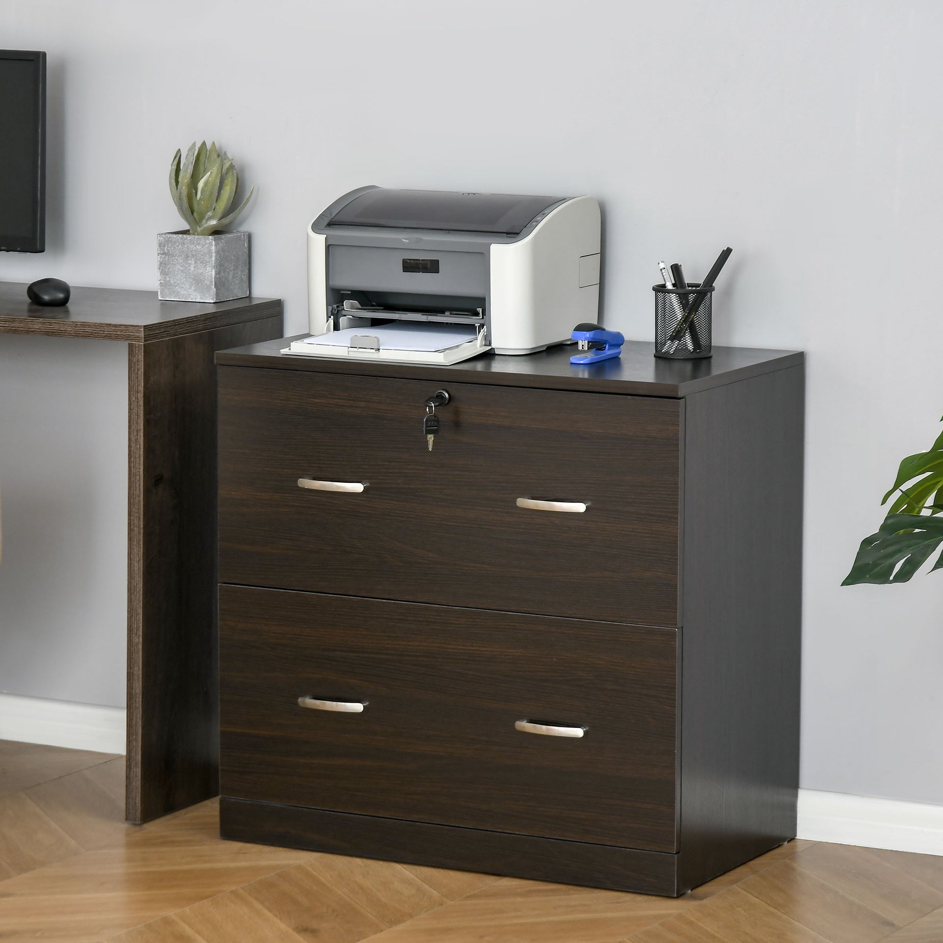 Vinsetto 2-Drawer File Cabinet with Lock and Keys, Lateral Storage Filing Cabinet with Hanging Bar for Letter Size, Home Office, Walnut