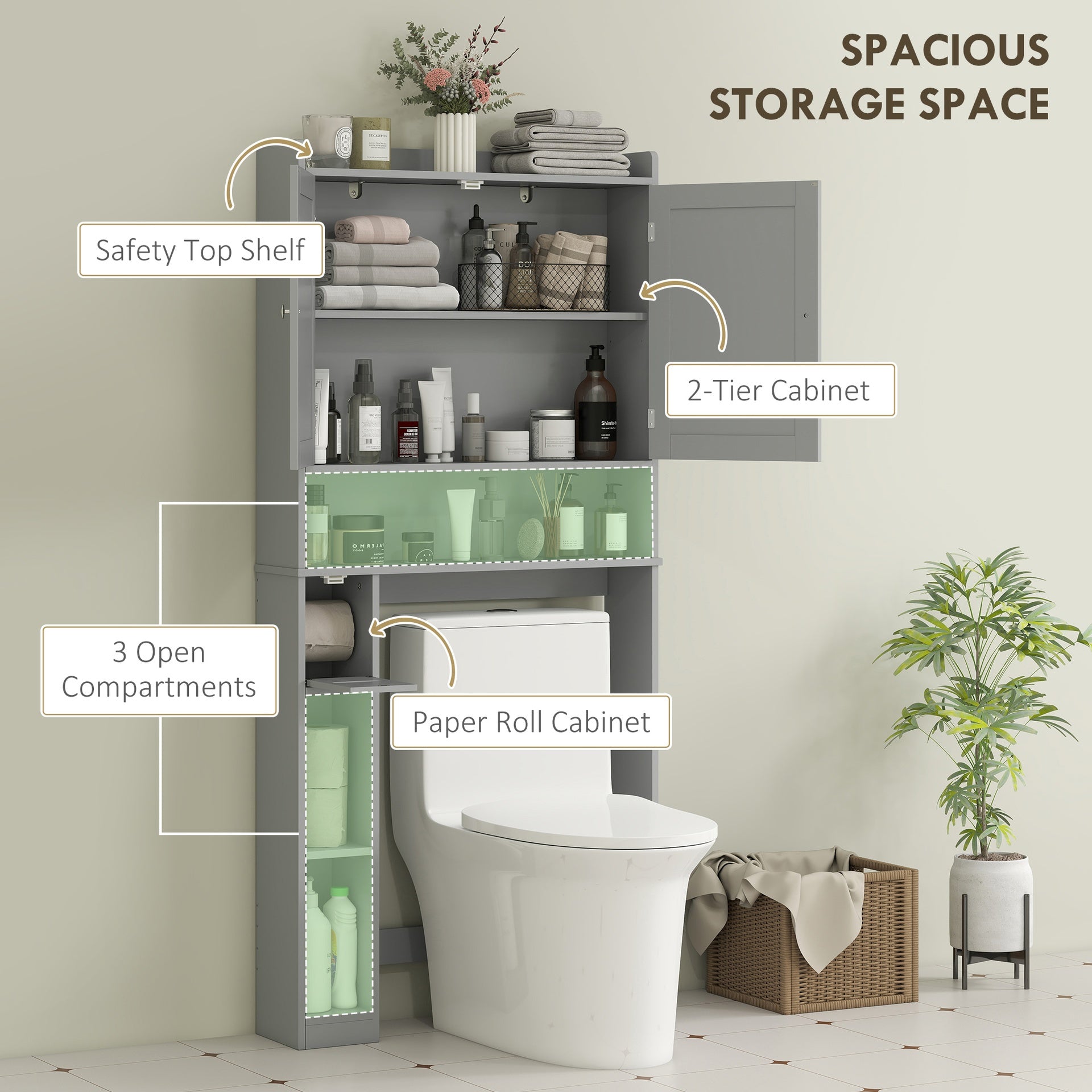 HOMCOM Modern Over the Toilet Storage Cabinet with 2 Doors, Above Commode Storage Cabinet with Toilet Paper Holder, Gray