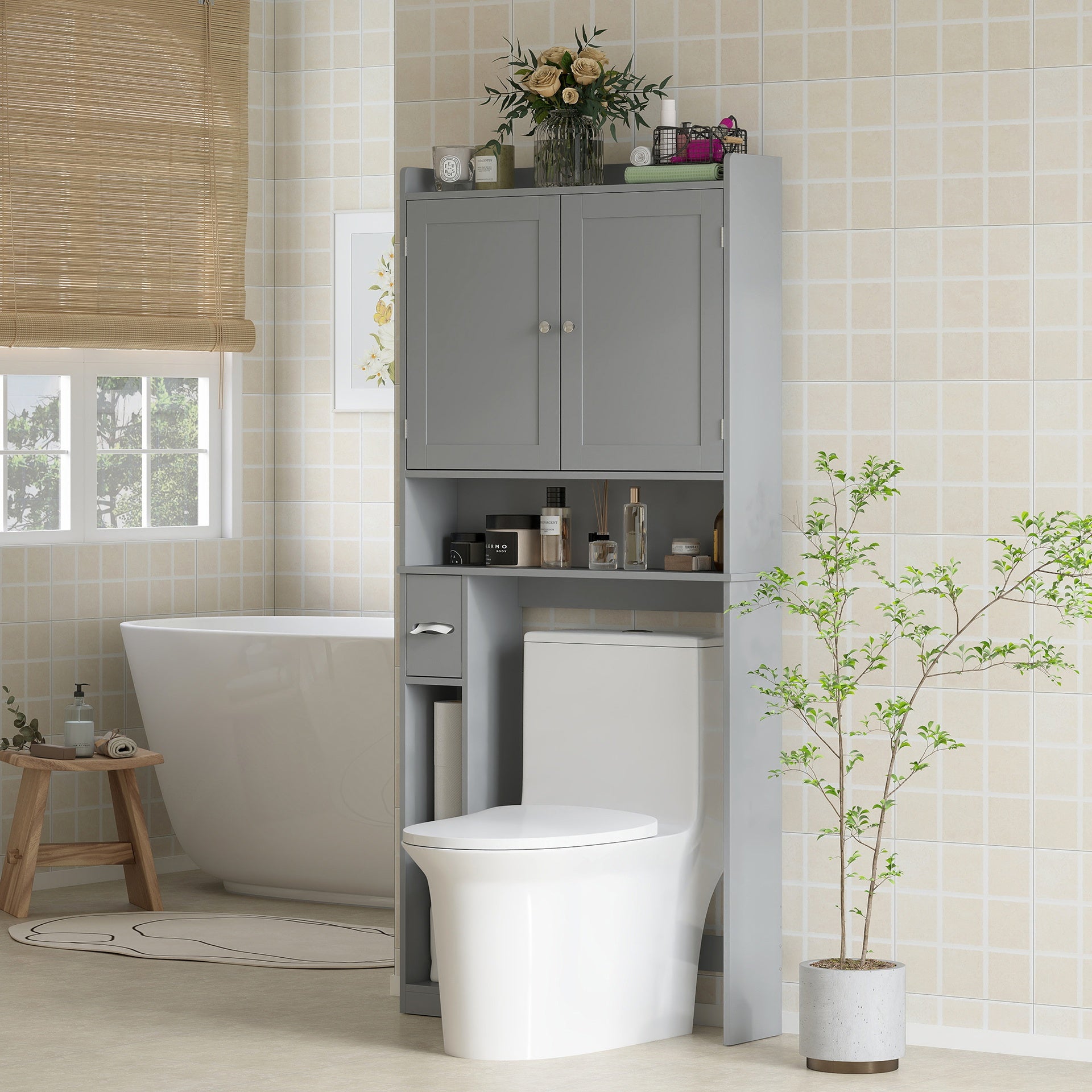 HOMCOM Modern Over the Toilet Storage Cabinet with 2 Doors, Above Commode Storage Cabinet with Toilet Paper Holder, Gray