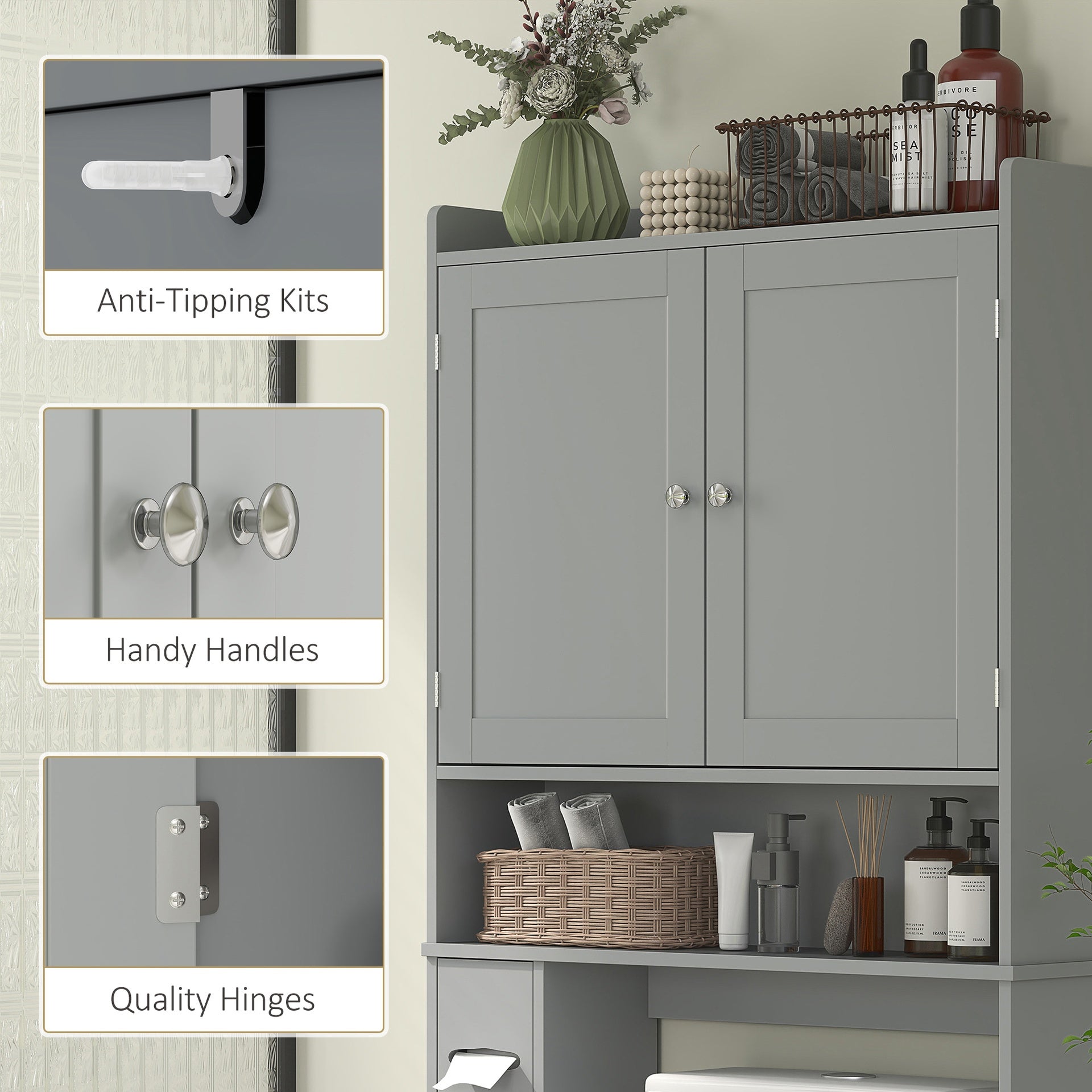 HOMCOM Modern Over the Toilet Storage Cabinet with 2 Doors, Above Commode Storage Cabinet with Toilet Paper Holder, Gray