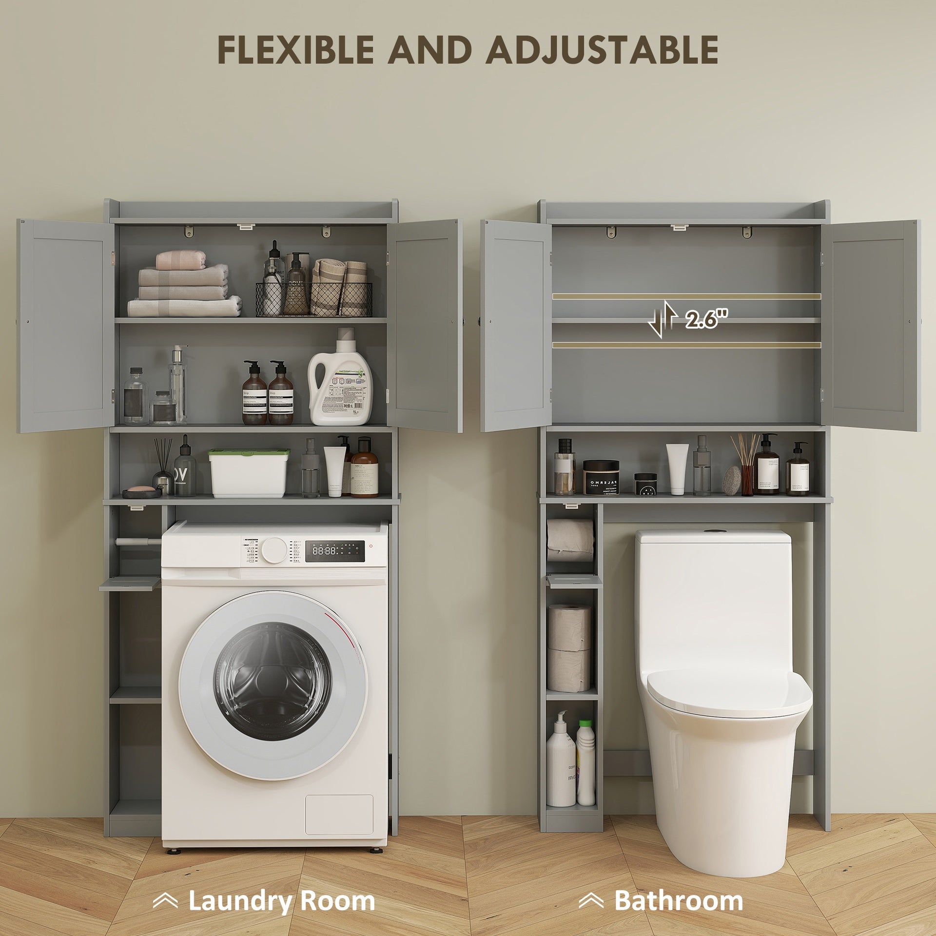 HOMCOM Modern Over the Toilet Storage Cabinet with 2 Doors, Above Commode Storage Cabinet with Toilet Paper Holder, Gray