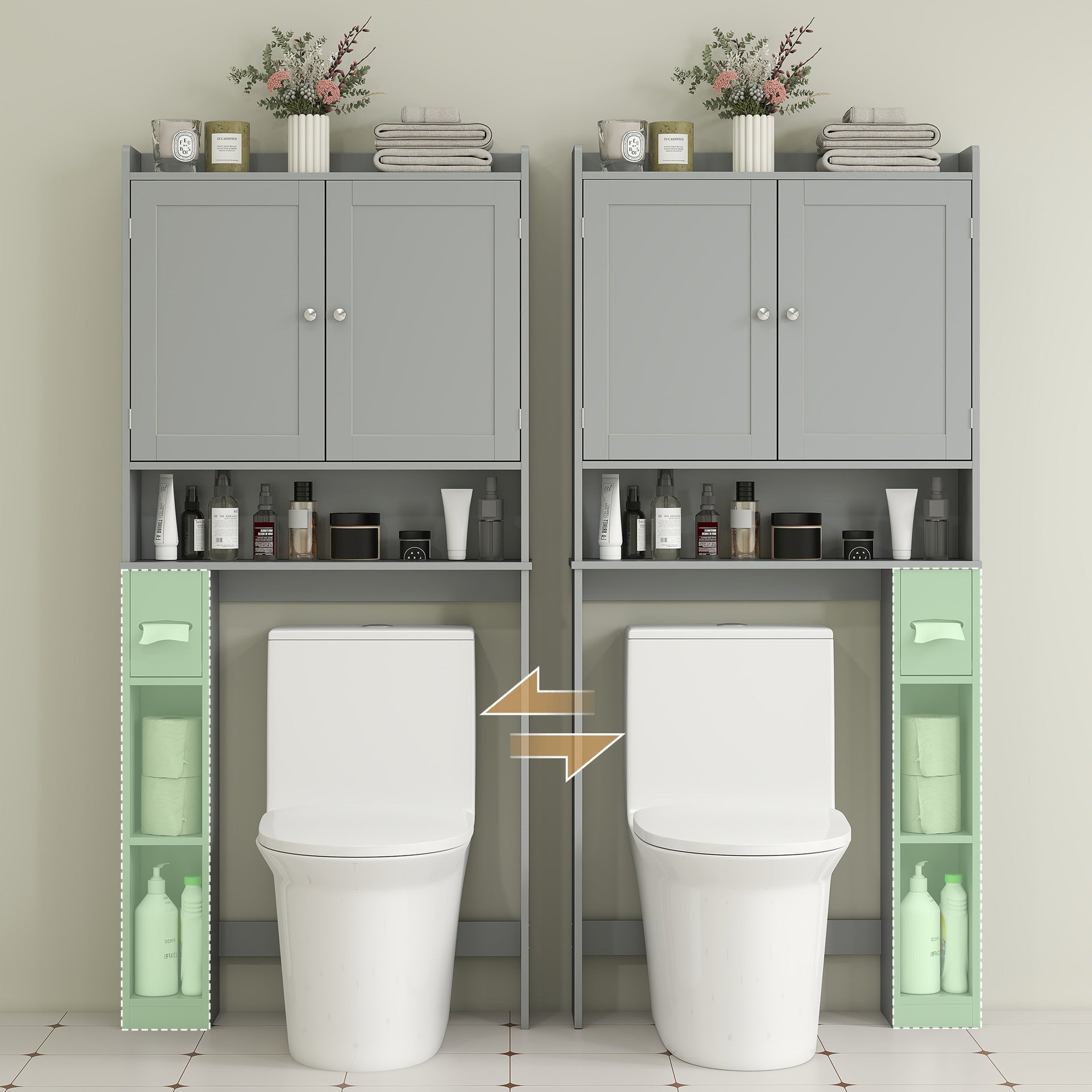 HOMCOM Modern Over the Toilet Storage Cabinet with 2 Doors, Above Commode Storage Cabinet with Toilet Paper Holder, Gray