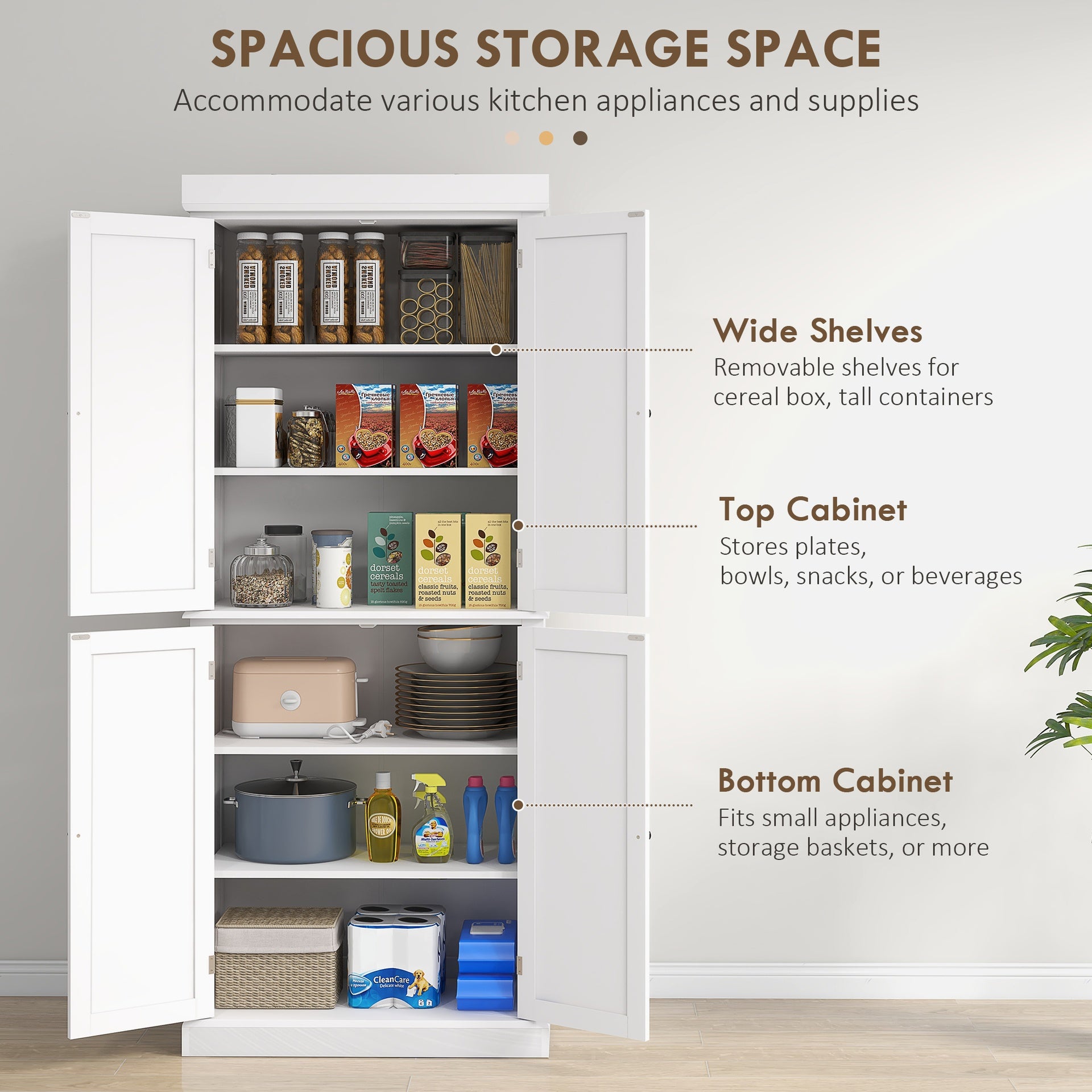 HOMCOM 72" Kitchen Cabinet, Pantry Storage Cabinet with Doors and Shelves, Freestanding Food Pantry Cabinet, White