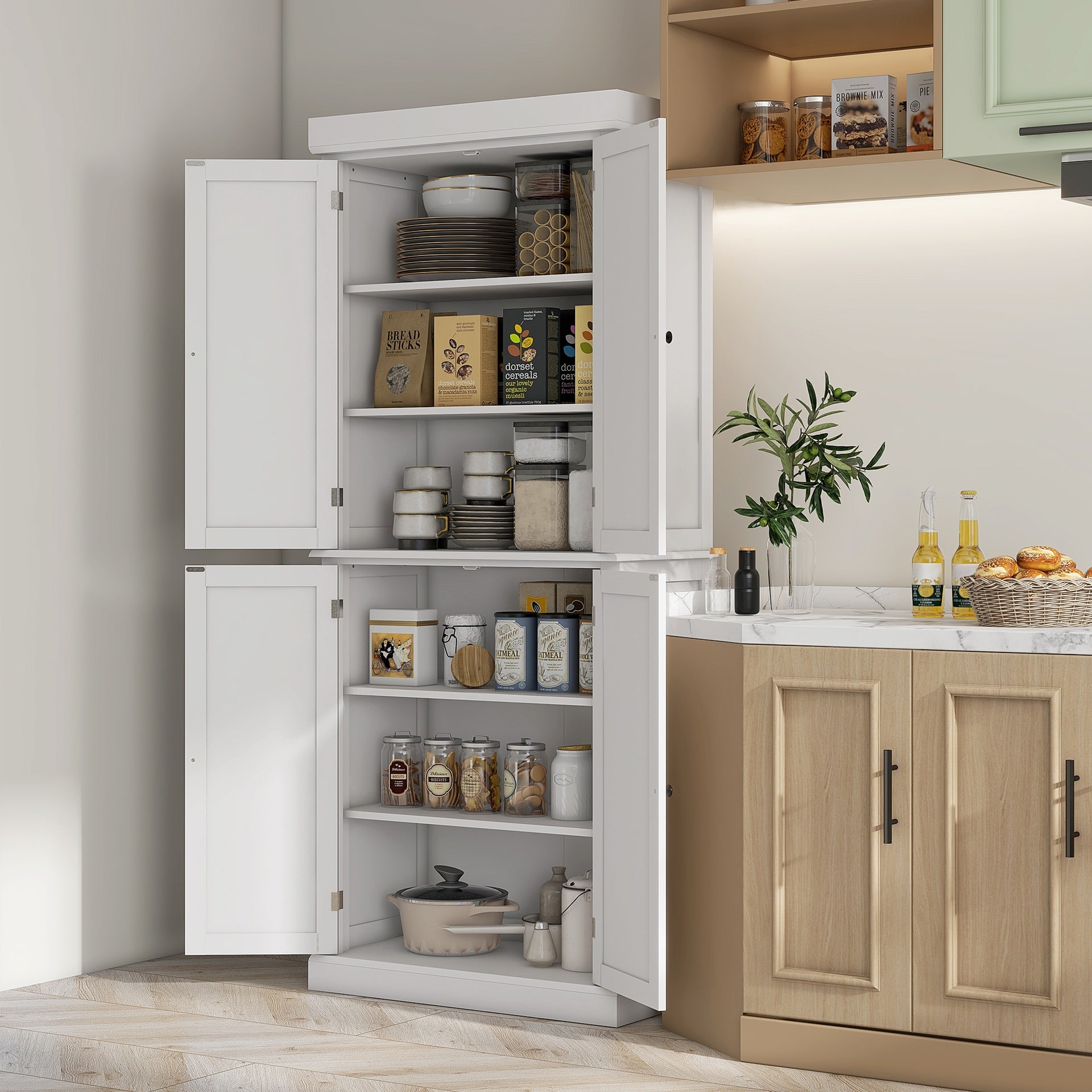 HOMCOM 72" Kitchen Cabinet, Pantry Storage Cabinet with Doors and Shelves, Freestanding Food Pantry Cabinet, White