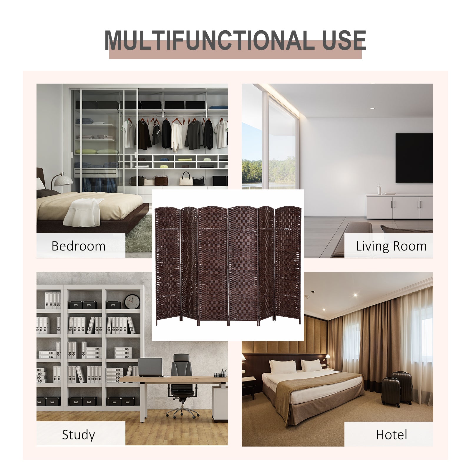 HOMCOM 6' Tall Wicker Weave 6 Panel Room Divider Privacy Screen - Brown