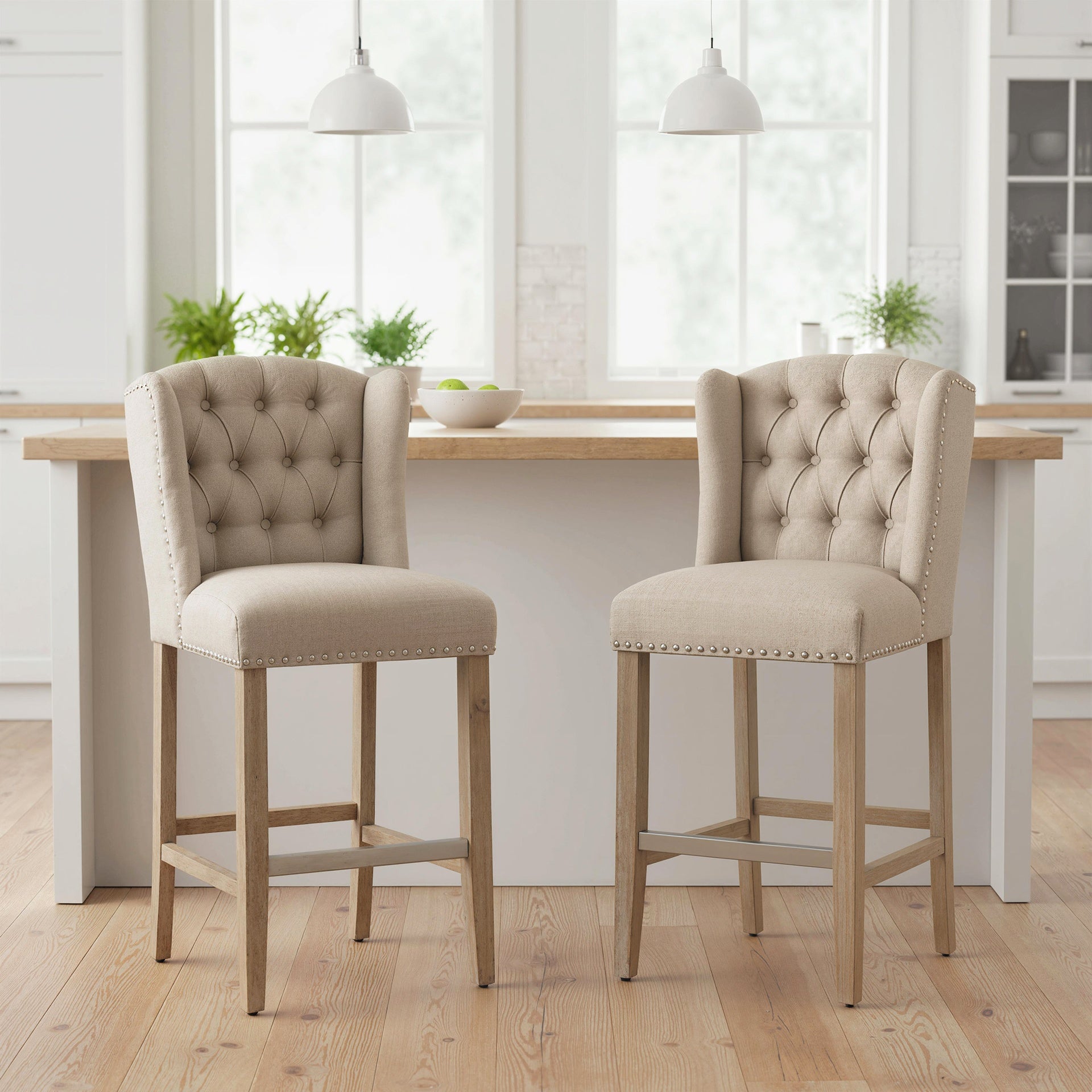 HOMCOM Counter Height Bar Stools Set of 2, 27" Seat Height Upholstered Barstools, Farmhouse Kitchen Island Stools with Nailhead-Trim, Tufted Back and Wooden Legs, Beige