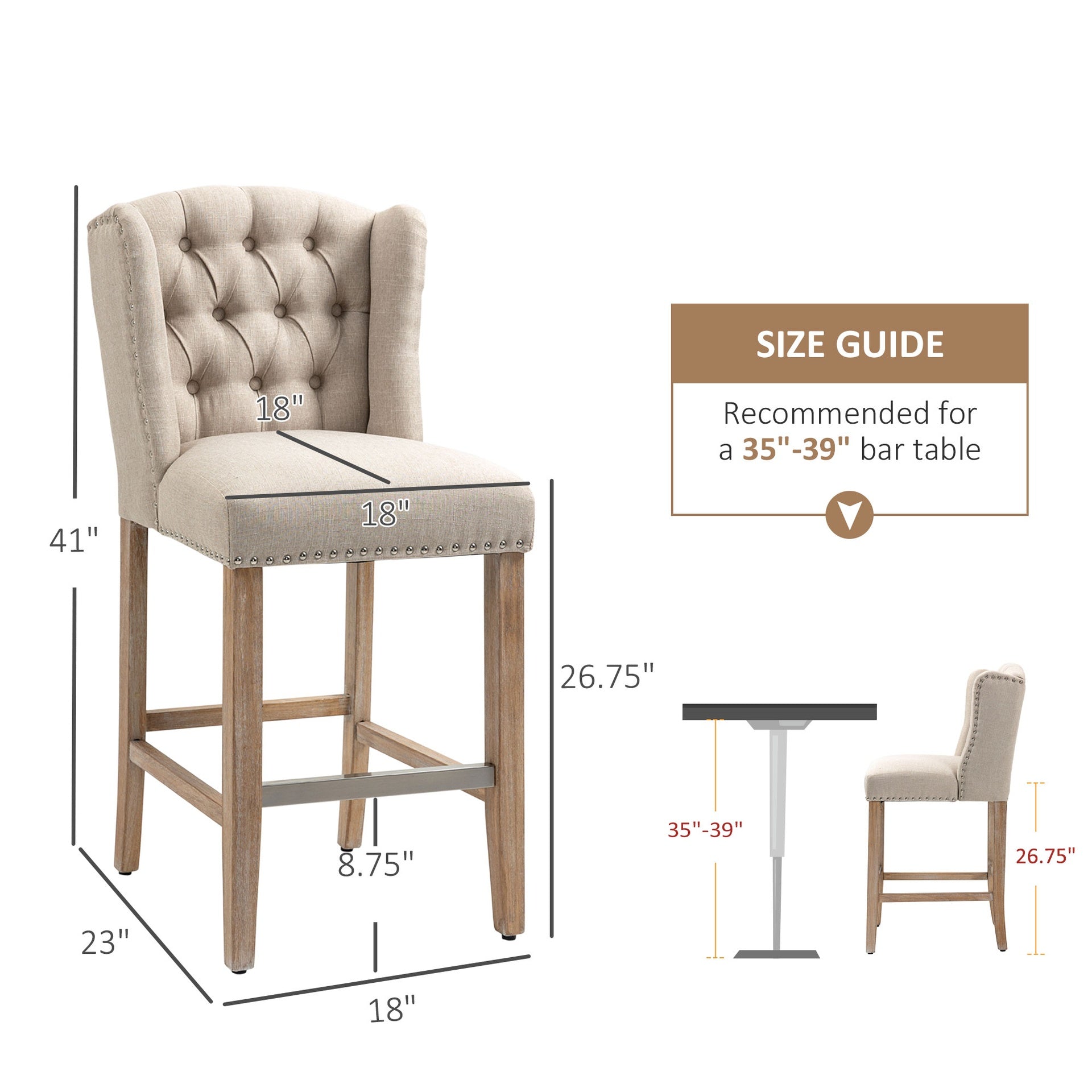 HOMCOM Counter Height Bar Stools Set of 2, 27" Seat Height Upholstered Barstools, Farmhouse Kitchen Island Stools with Nailhead-Trim, Tufted Back and Wooden Legs, Beige