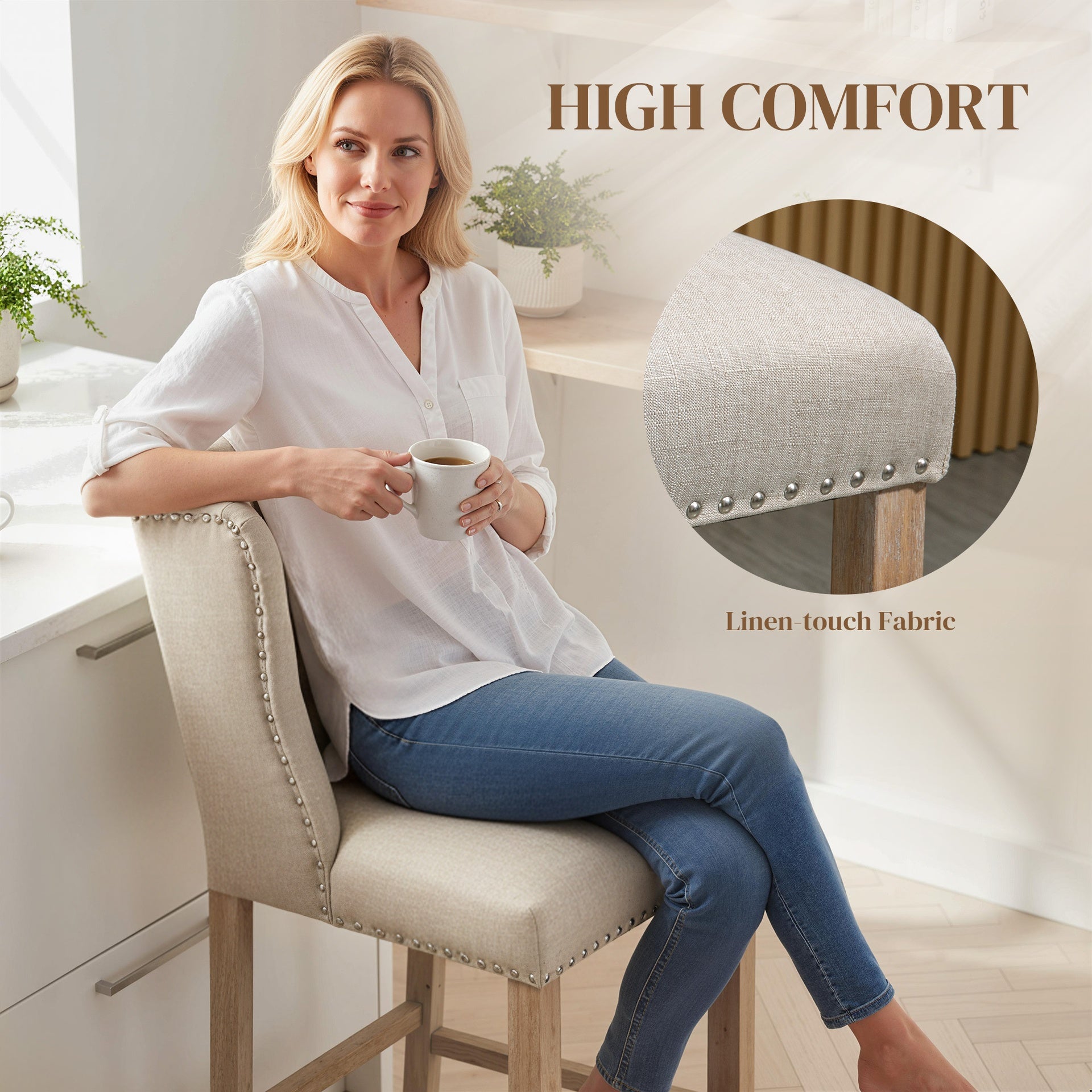 HOMCOM Counter Height Bar Stools Set of 2, 27" Seat Height Upholstered Barstools, Farmhouse Kitchen Island Stools with Nailhead-Trim, Tufted Back and Wooden Legs, Beige