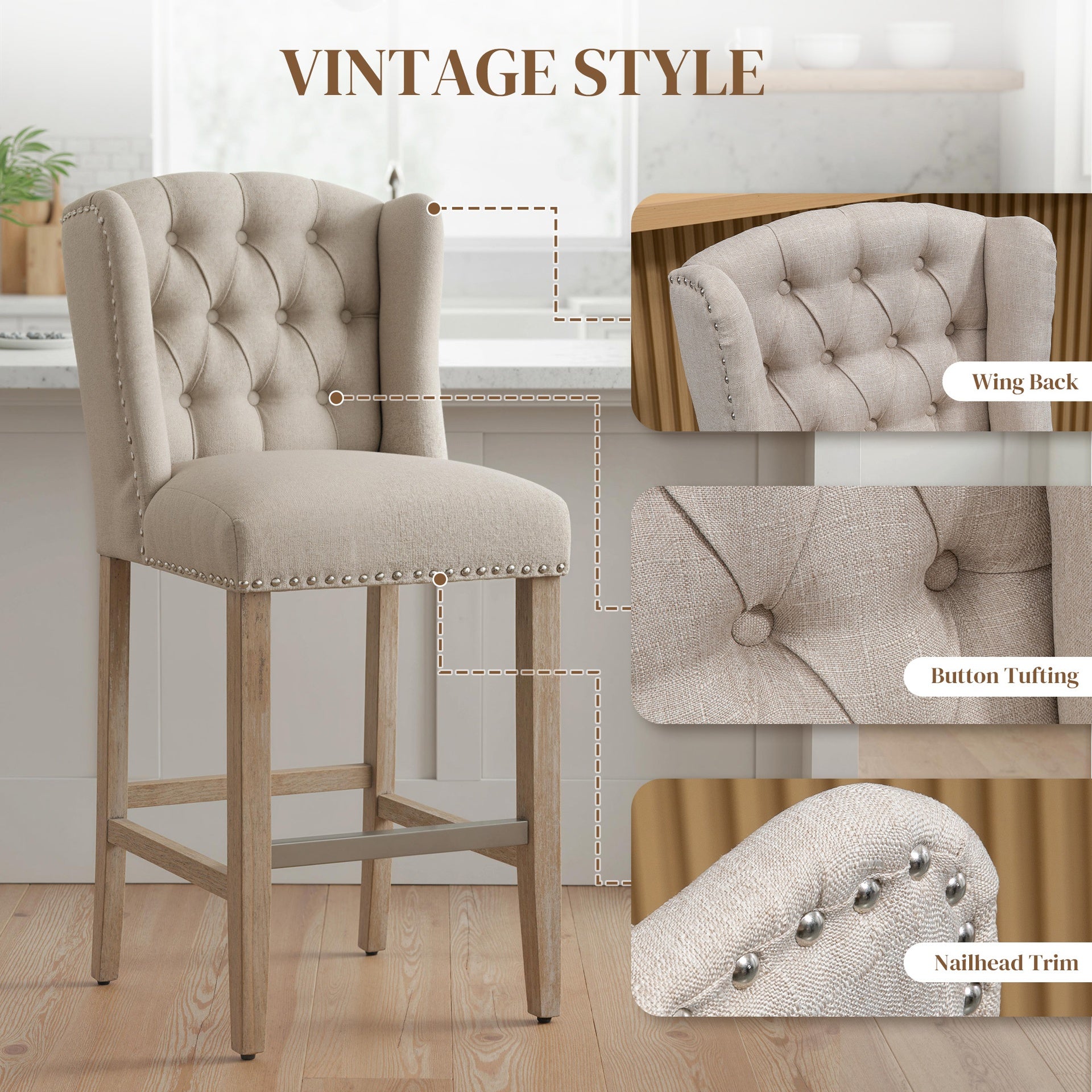 HOMCOM Counter Height Bar Stools Set of 2, 27" Seat Height Upholstered Barstools, Farmhouse Kitchen Island Stools with Nailhead-Trim, Tufted Back and Wooden Legs, Beige