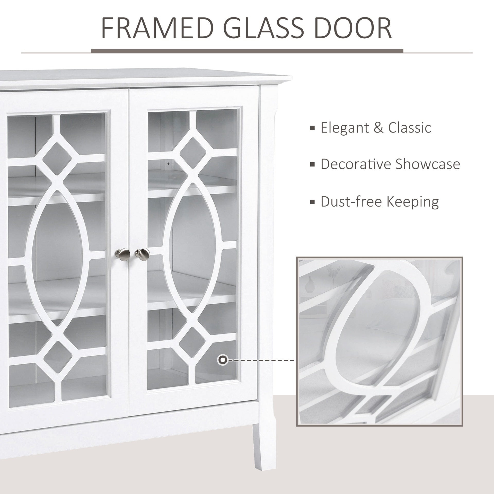 HOMCOM Sideboard Display Cabinet with Double Framed Glass Doors, 2 Adjustable Shelves, and Elevated Base, White