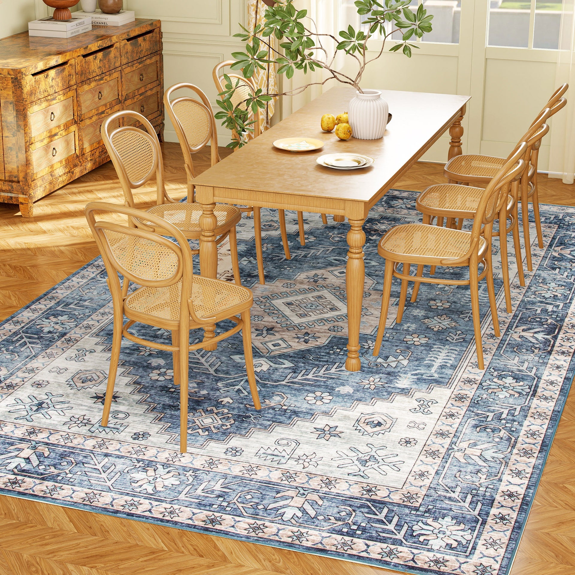 HOMCOM 8x10 Area Rug, Vintage Washable Rug, Non-Slip Floor Carpet for Living Room, Bedroom, Dining Room, Blue