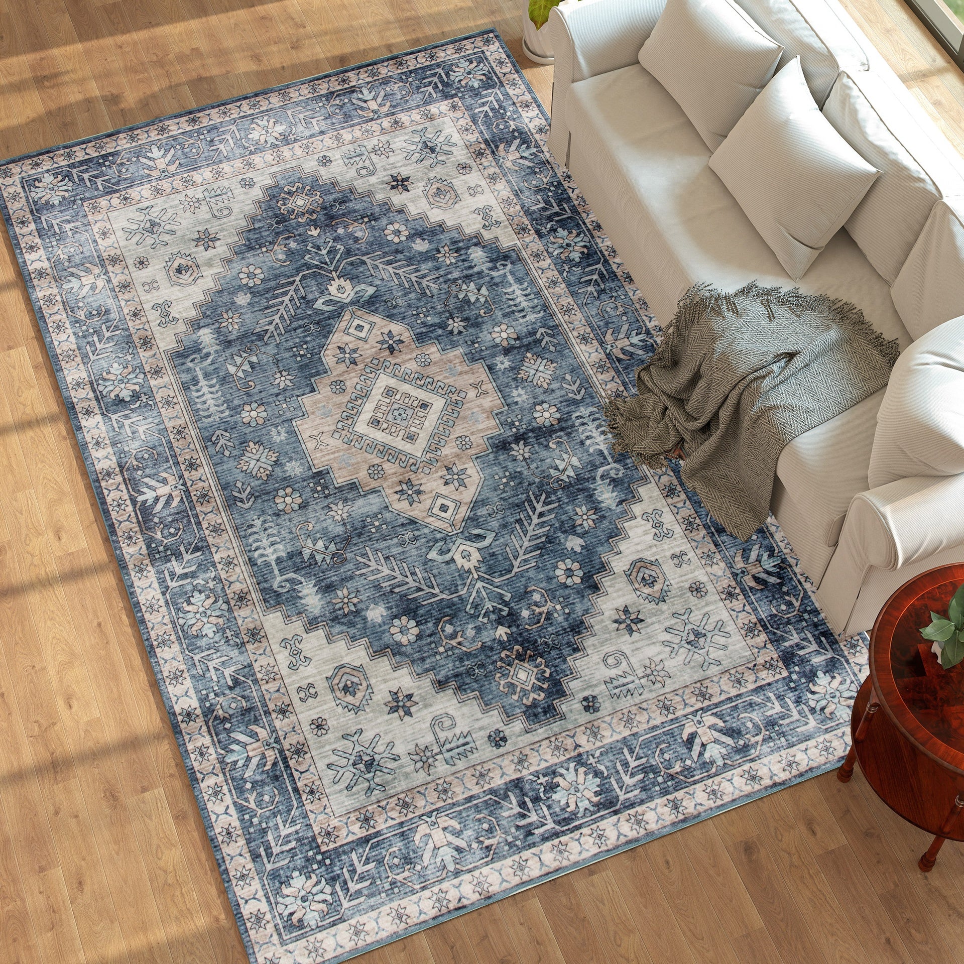 HOMCOM 8x10 Area Rug, Vintage Washable Rug, Non-Slip Floor Carpet for Living Room, Bedroom, Dining Room, Blue