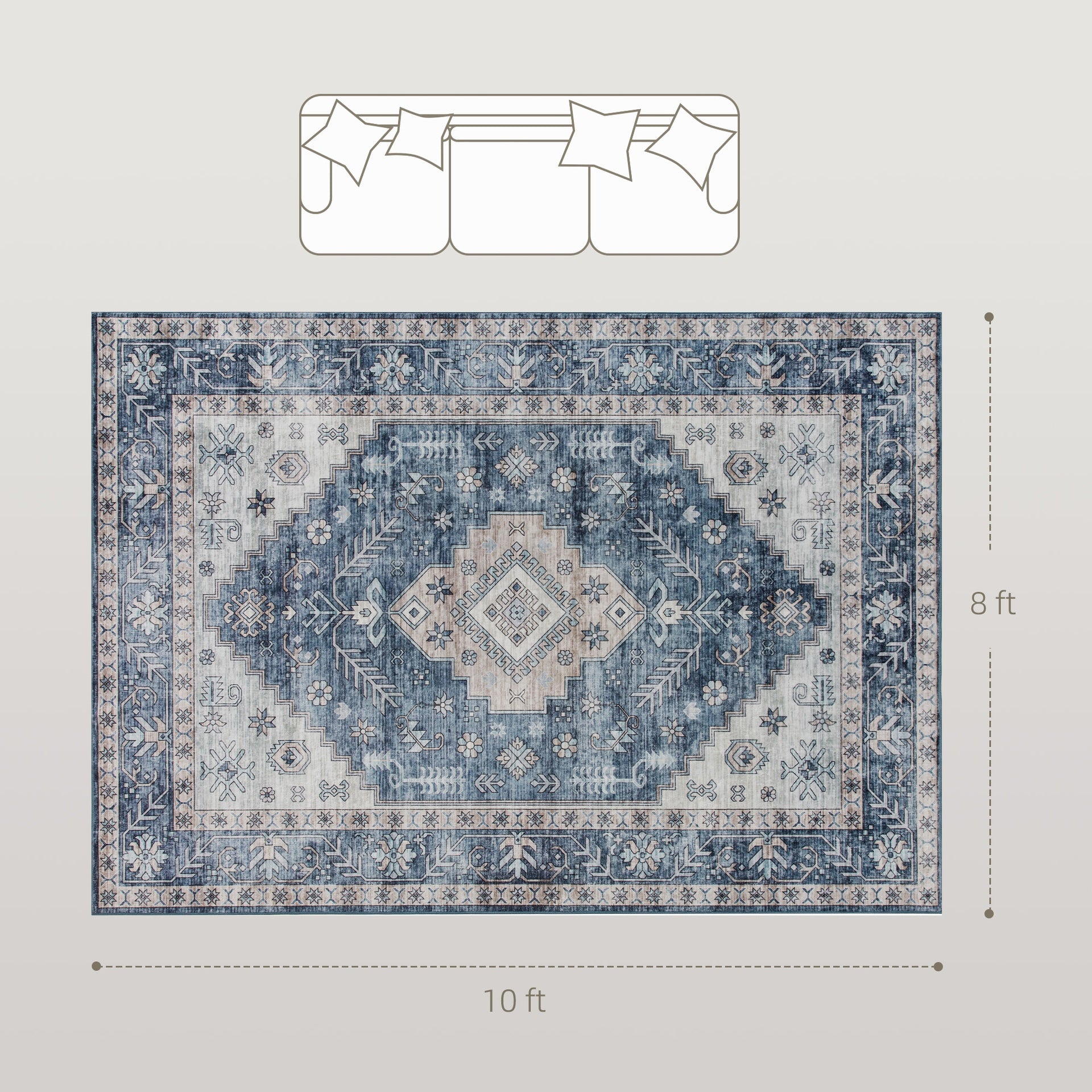 HOMCOM 8x10 Area Rug, Vintage Washable Rug, Non-Slip Floor Carpet for Living Room, Bedroom, Dining Room, Blue