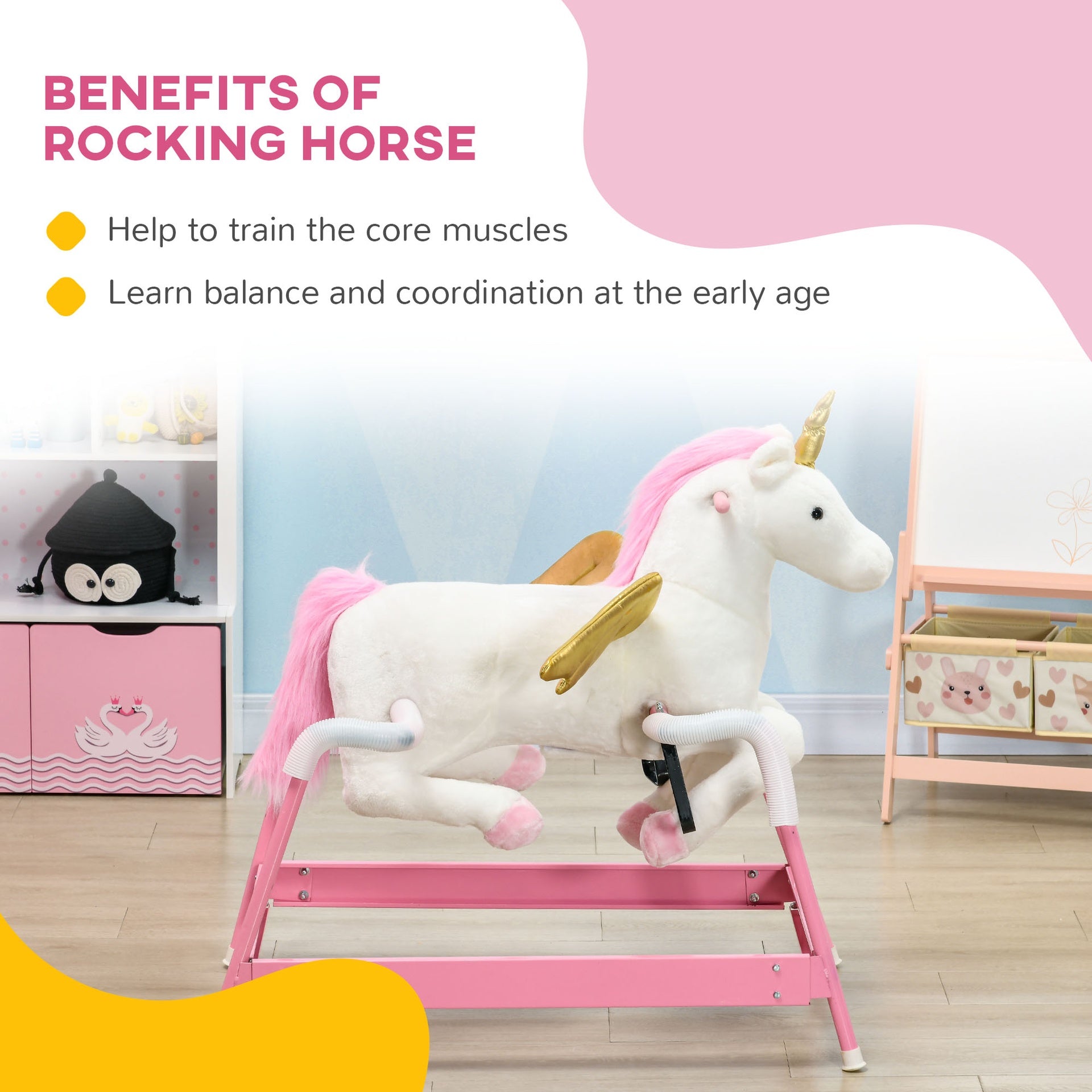 Qaba Kids Spring Rocking Horse Unicon, Ride on Horse for Girls and Boys with Sounds, Plush Animal Ride-on Toy with Soft Feel, Interactive Toy for Kids, Pink