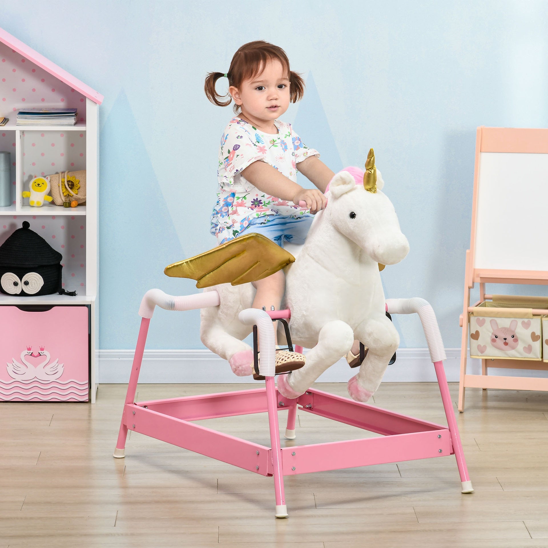 Qaba Kids Spring Rocking Horse Unicon, Ride on Horse for Girls and Boys with Sounds, Plush Animal Ride-on Toy with Soft Feel, Interactive Toy for Kids, Pink