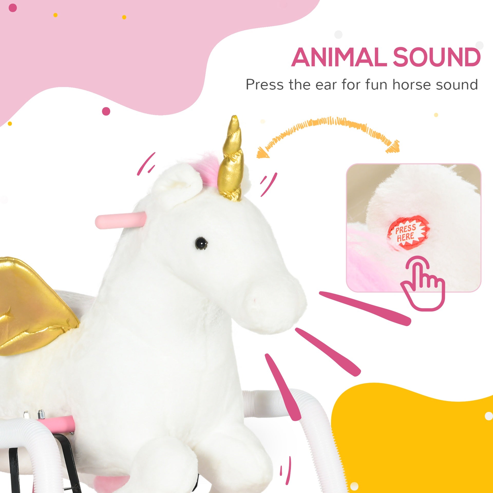 Qaba Kids Spring Rocking Horse Unicon, Ride on Horse for Girls and Boys with Sounds, Plush Animal Ride-on Toy with Soft Feel, Interactive Toy for Kids, Pink