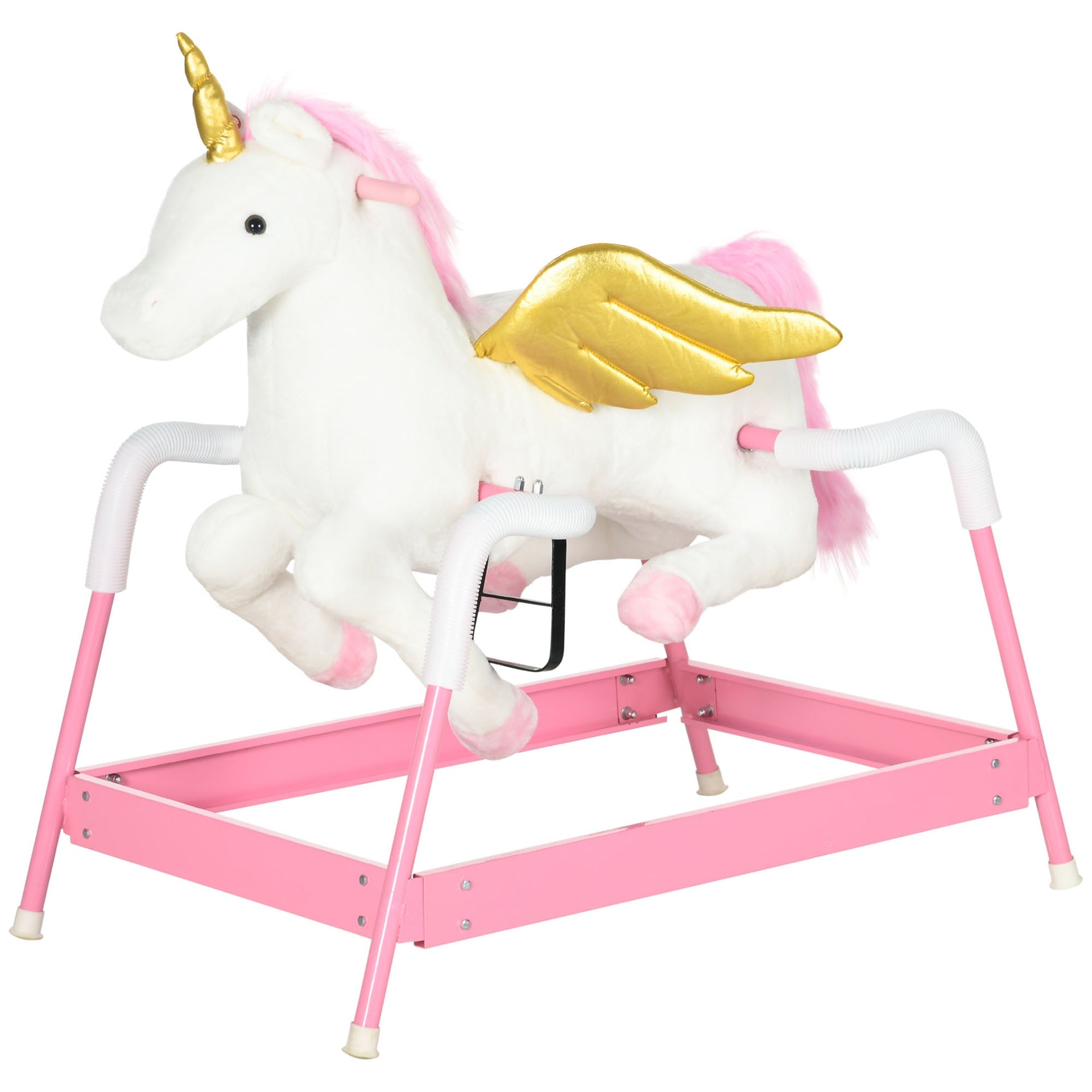 Qaba Kids Spring Rocking Horse Unicon, Ride on Horse for Girls and Boys with Sounds, Plush Animal Ride-on Toy with Soft Feel, Interactive Toy for Kids, Pink