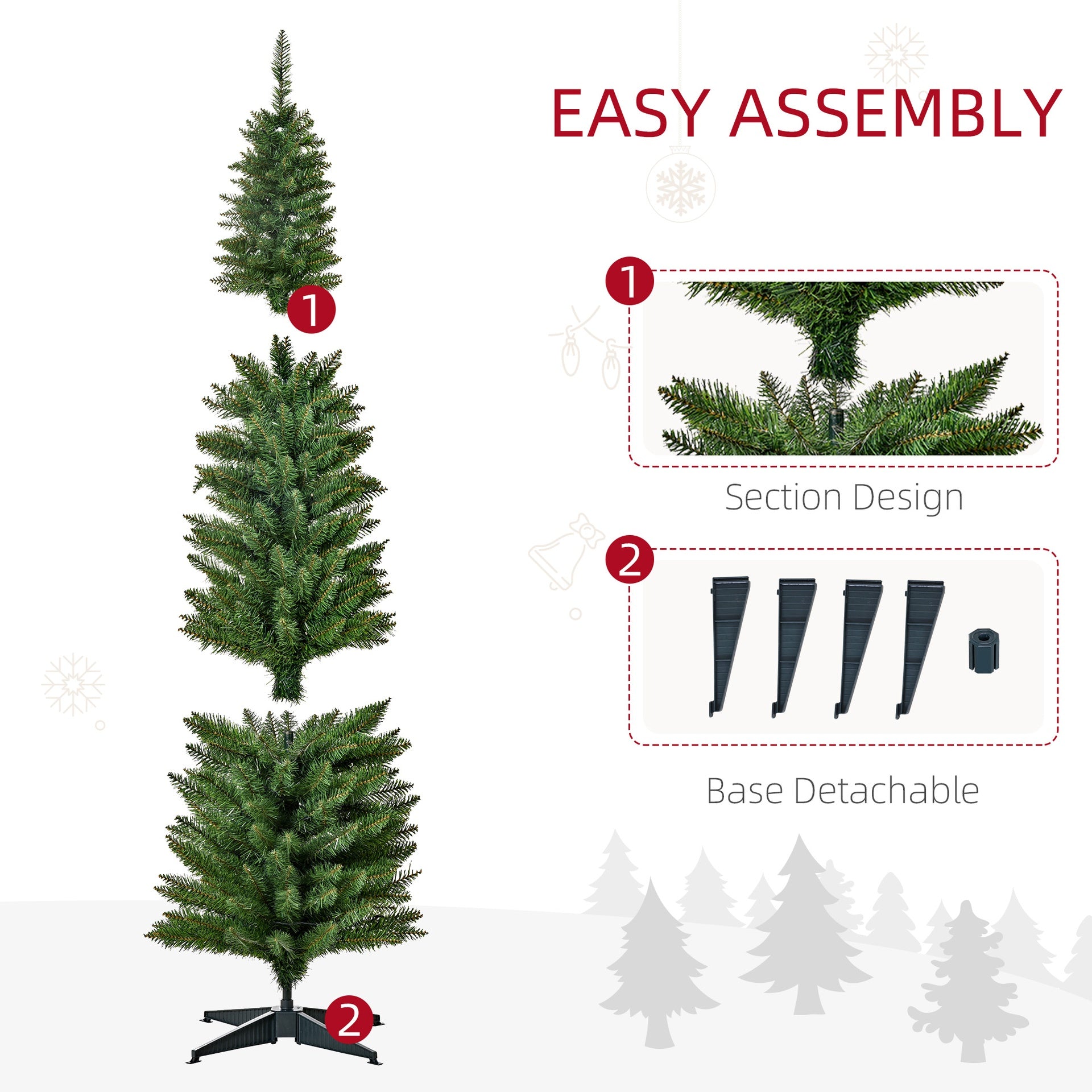 HOMCOM 6' Tall Pre-Lit Slim Noble Fir Artificial Pencil Christmas Tree with 200 Warm White LED Lights and 390 Tips, for Christmas Decoration, Green