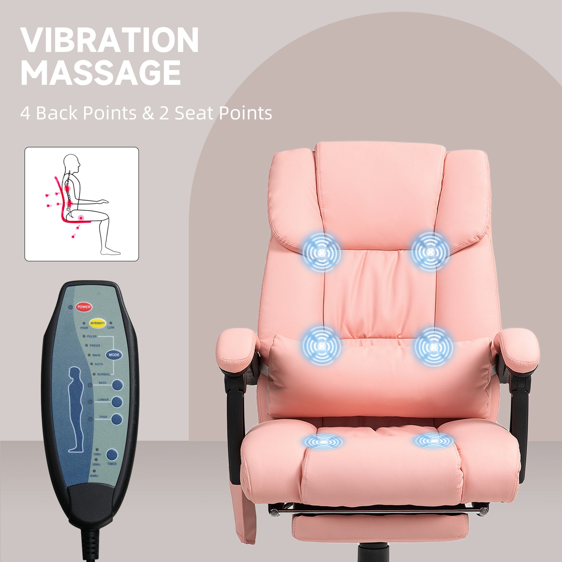 Vinsetto Massage Office Chair with 6 Vibrating Points, High Back Reclining Office Chair with Footrest and Remote, Pink