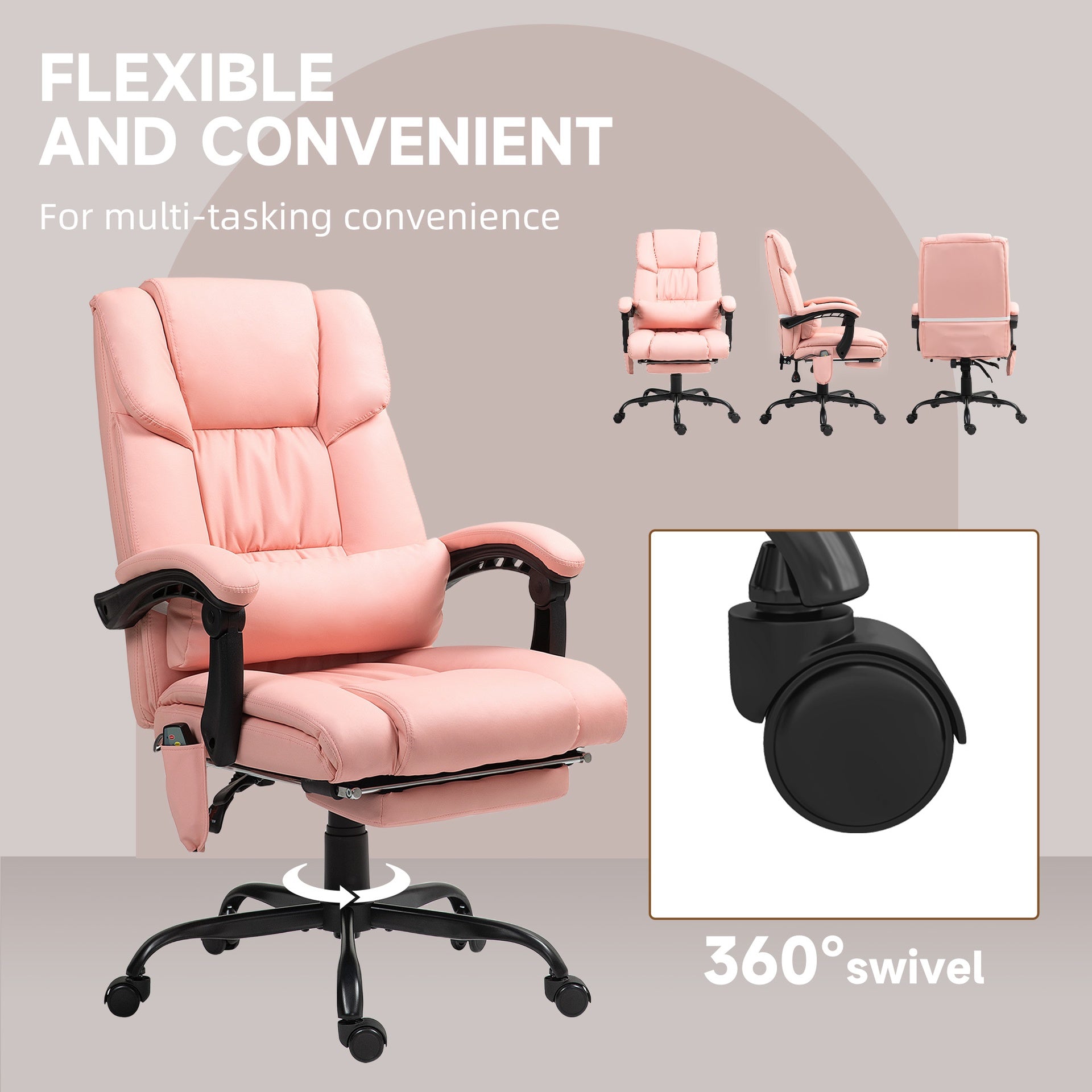 Vinsetto Massage Office Chair with 6 Vibrating Points, High Back Reclining Office Chair with Footrest and Remote, Pink