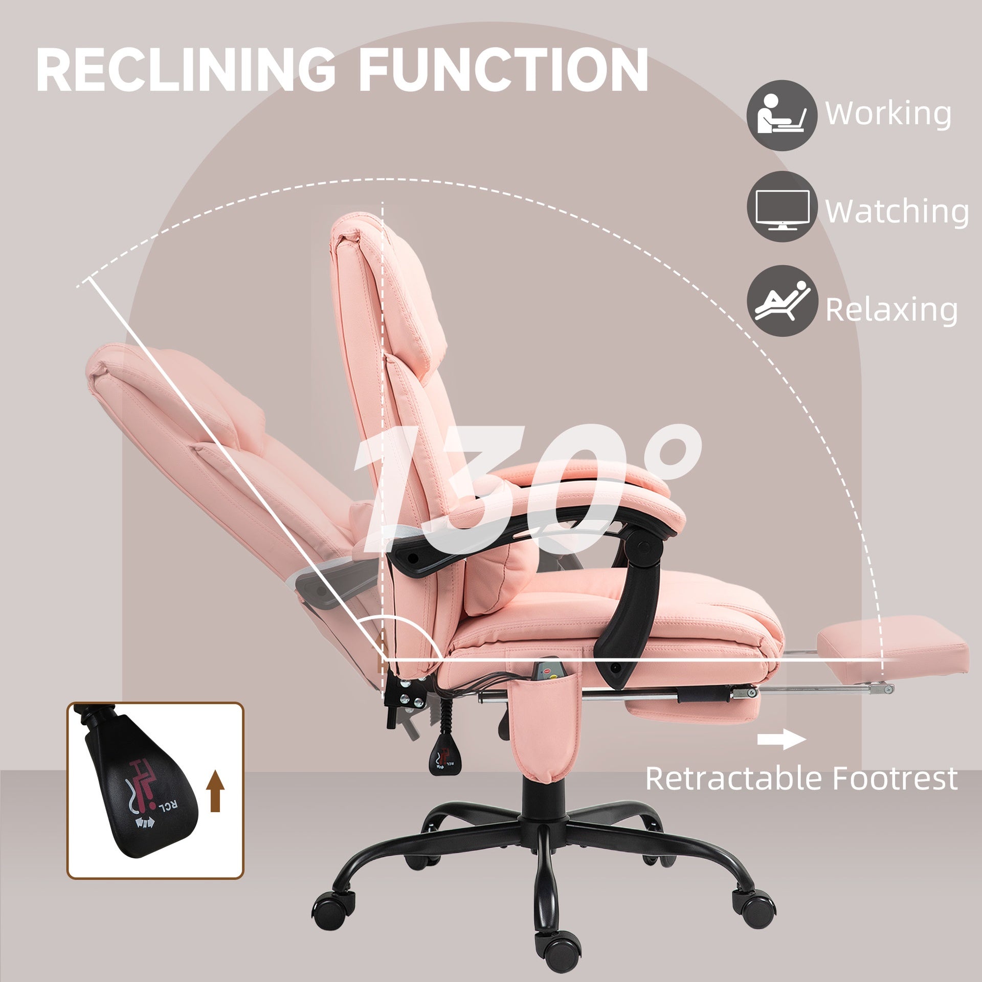 Vinsetto Massage Office Chair with 6 Vibrating Points, High Back Reclining Office Chair with Footrest and Remote, Pink