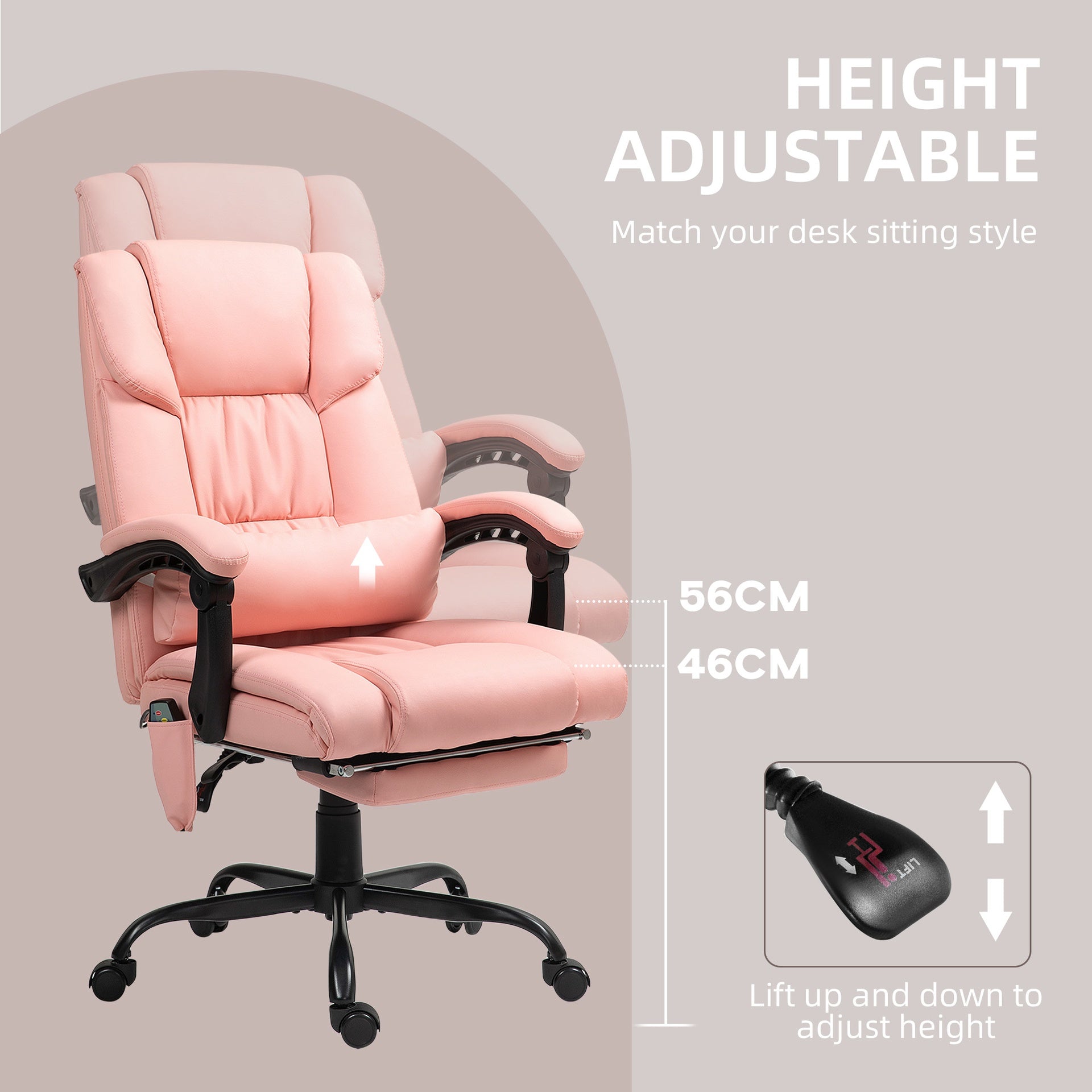 Vinsetto Massage Office Chair with 6 Vibrating Points, High Back Reclining Office Chair with Footrest and Remote, Pink