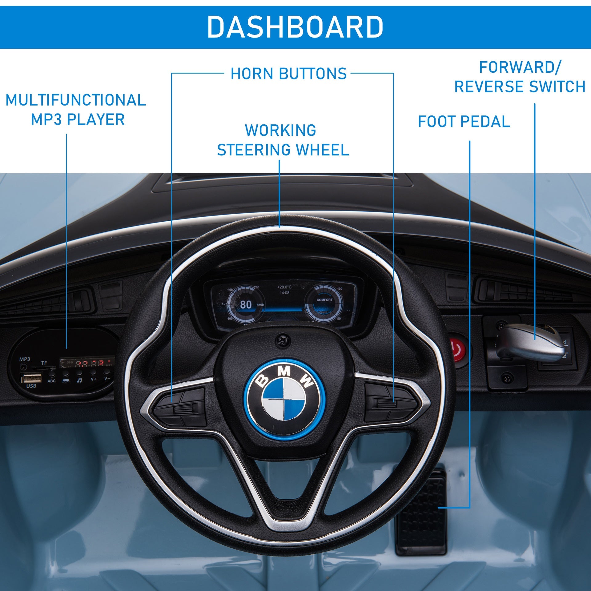Aosom Licensed BMW I8 Coupe 6V Electric Car, Kids Ride-On Car, Battery Powered Toy with Remote Control Music Horn Lights Suspension for 37-96months Old, Blue