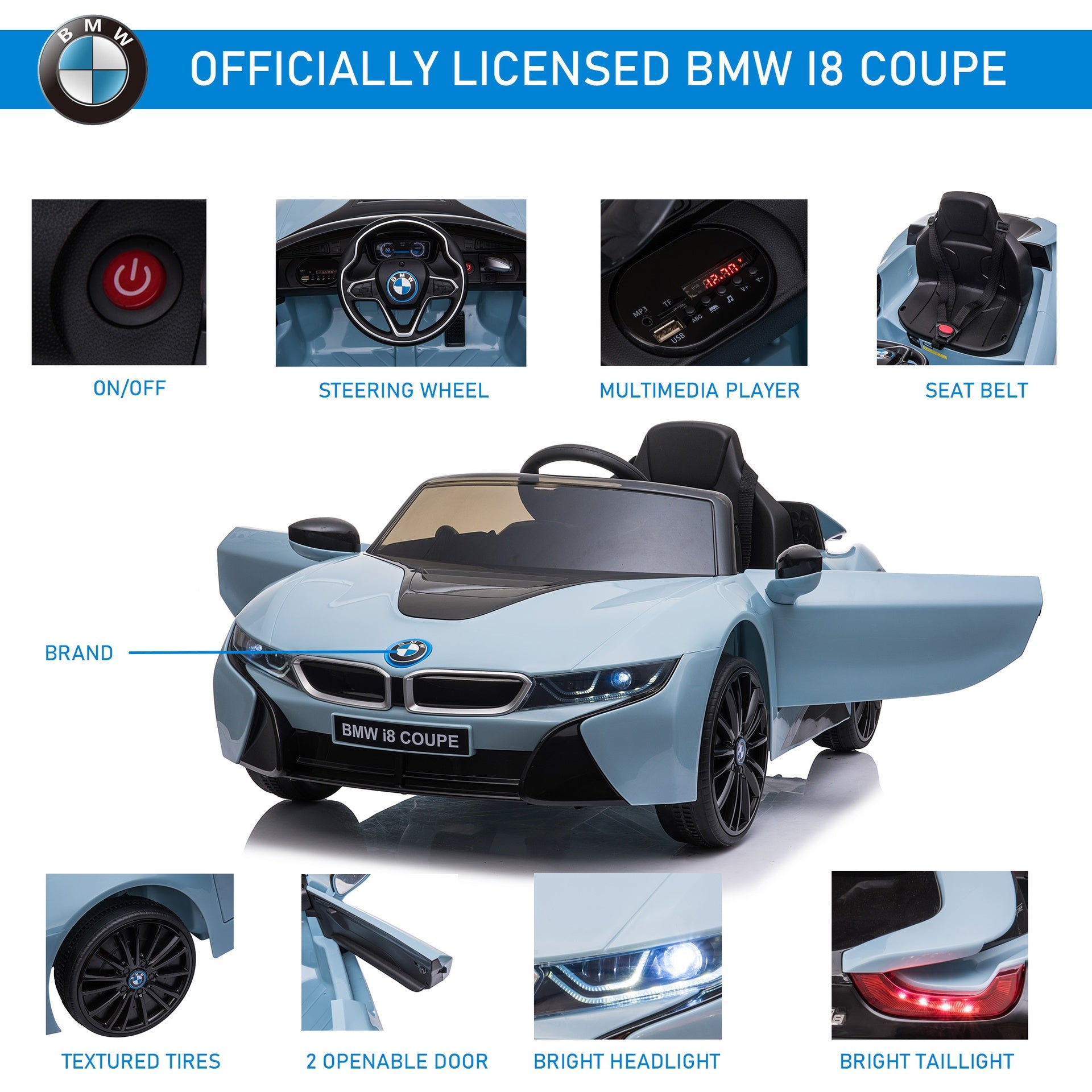 Aosom Licensed BMW I8 Coupe 6V Electric Car, Kids Ride-On Car, Battery Powered Toy with Remote Control Music Horn Lights Suspension for 37-96months Old, Blue