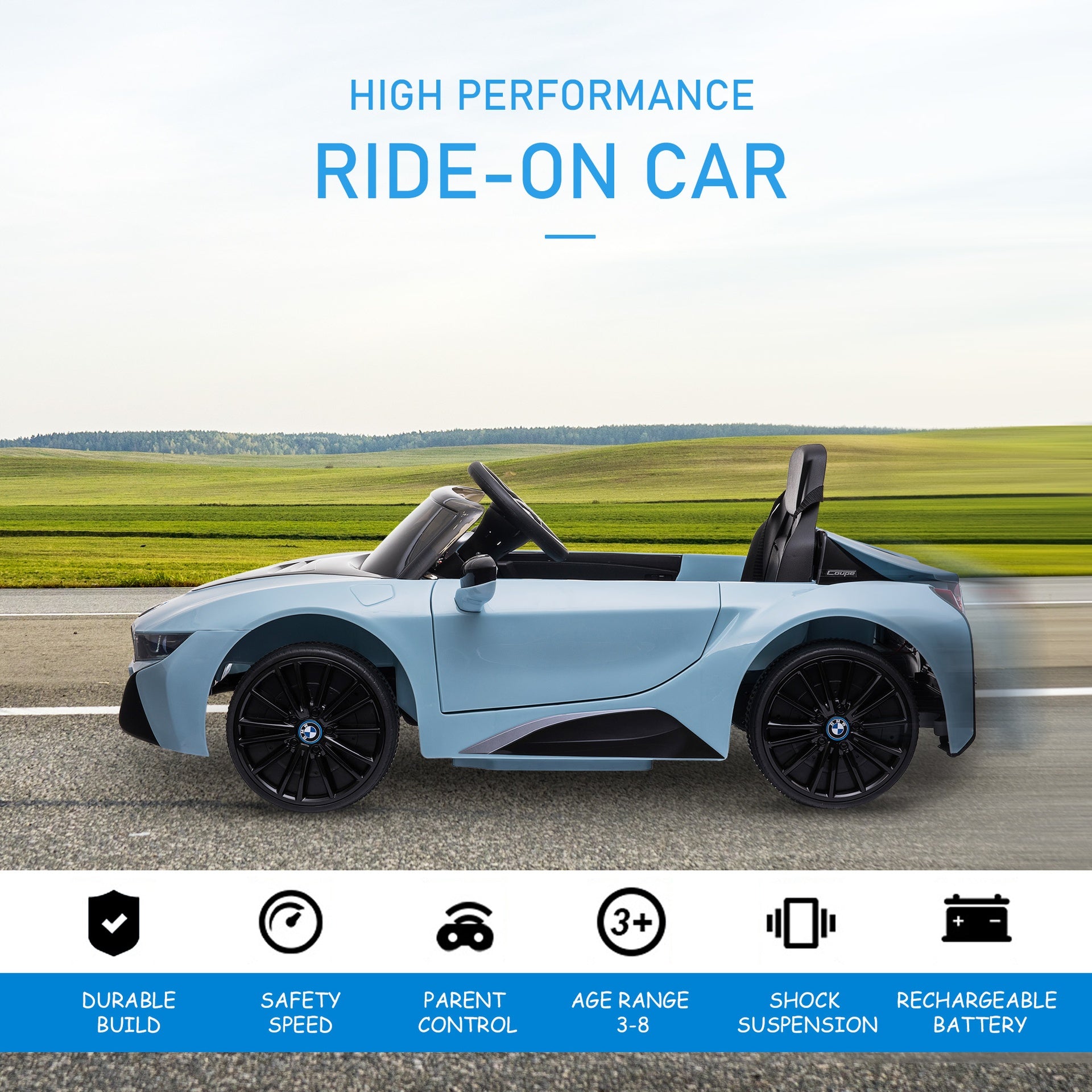 Aosom Licensed BMW I8 Coupe 6V Electric Car, Kids Ride-On Car, Battery Powered Toy with Remote Control Music Horn Lights Suspension for 37-96months Old, Blue
