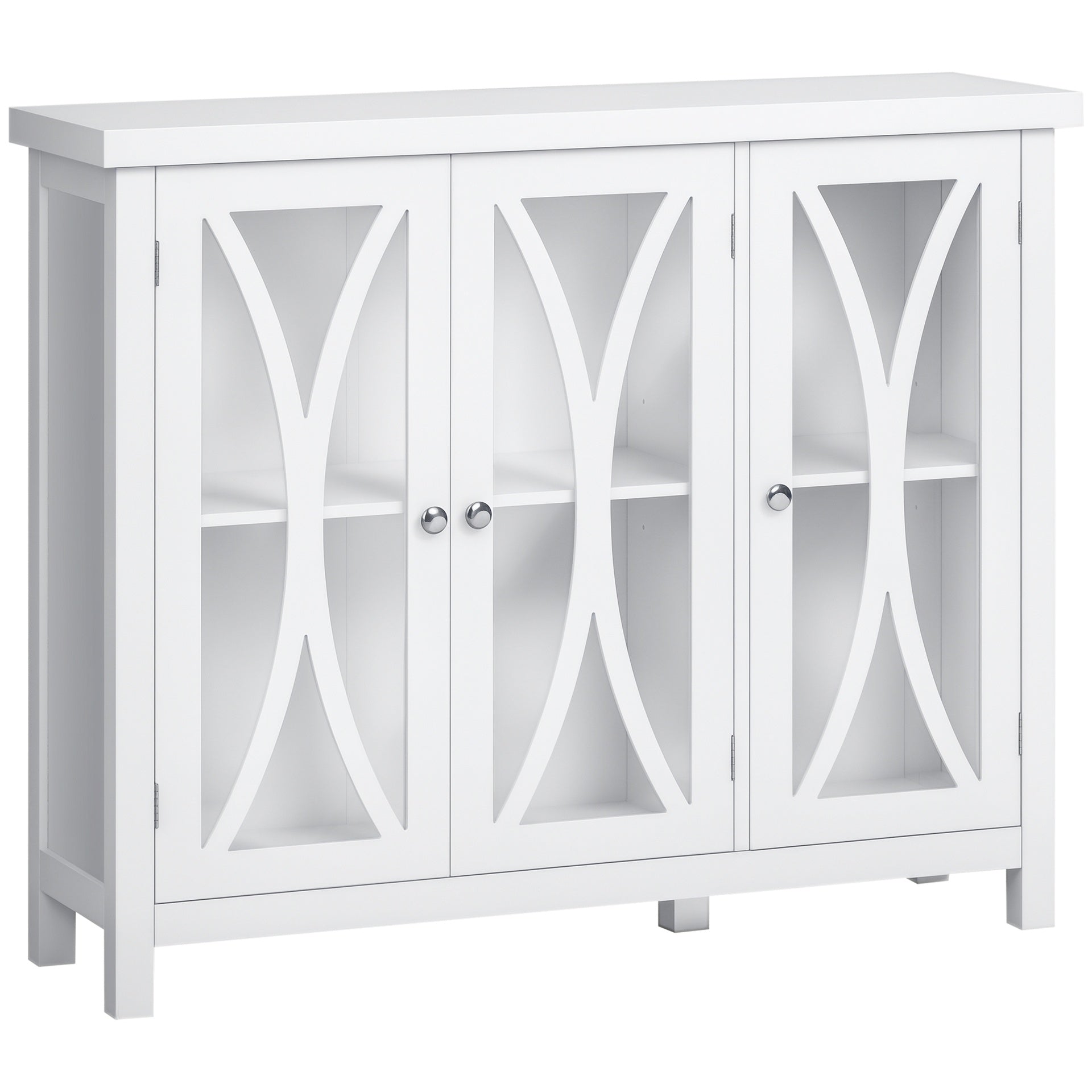 HOMCOM Sideboard, Buffet Cabinet with 3 Tempered Glass Doors, Arc Pattern and Adjustable Storage Shelf, Credenza, White