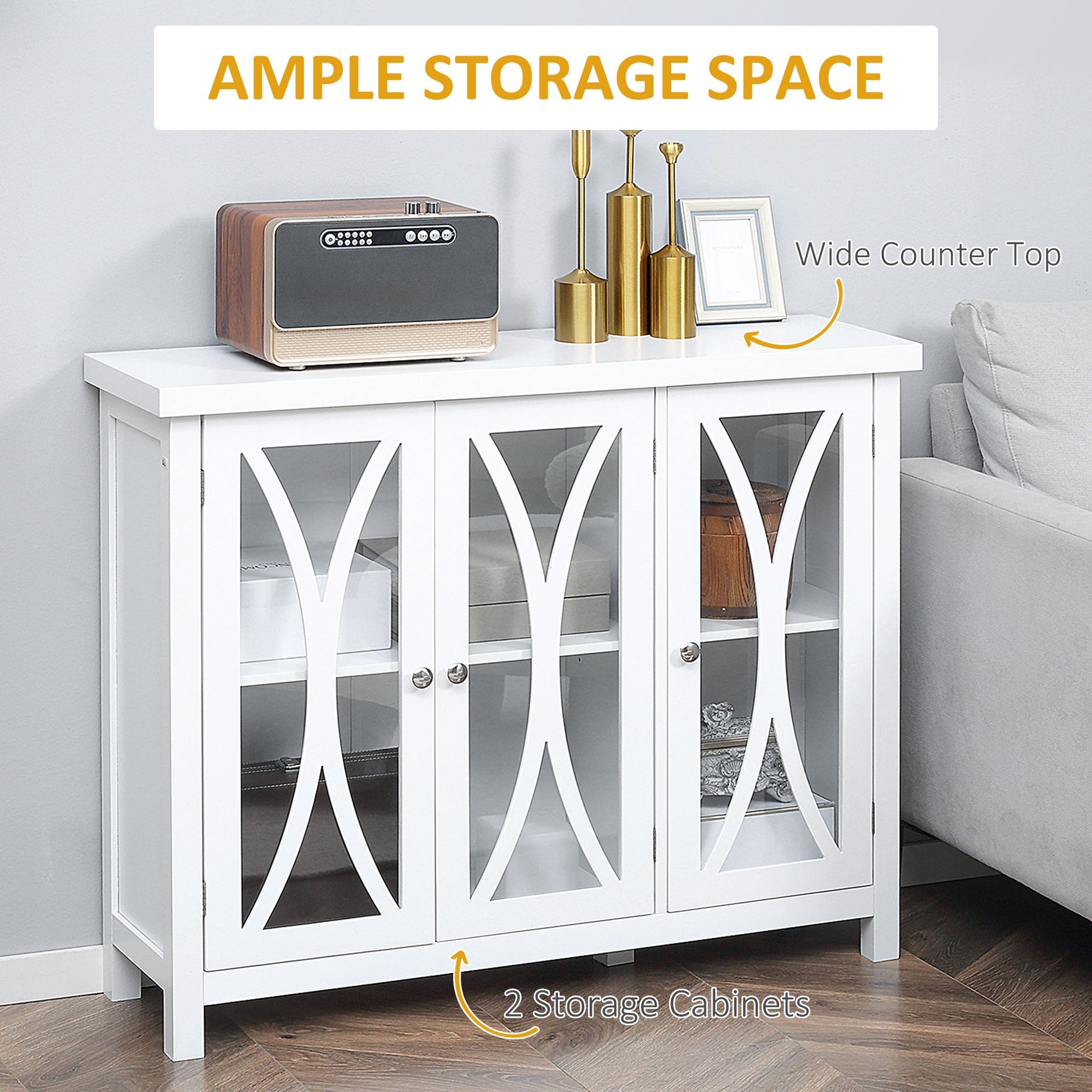 HOMCOM Sideboard, Buffet Cabinet with 3 Tempered Glass Doors, Arc Pattern and Adjustable Storage Shelf, Credenza, White