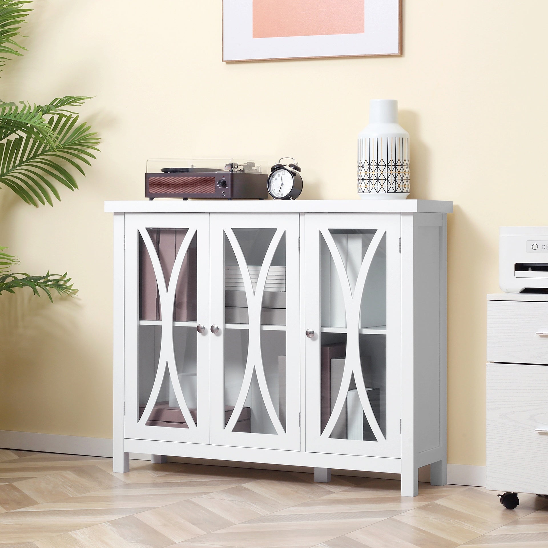 HOMCOM Sideboard, Buffet Cabinet with 3 Tempered Glass Doors, Arc Pattern and Adjustable Storage Shelf, Credenza, White
