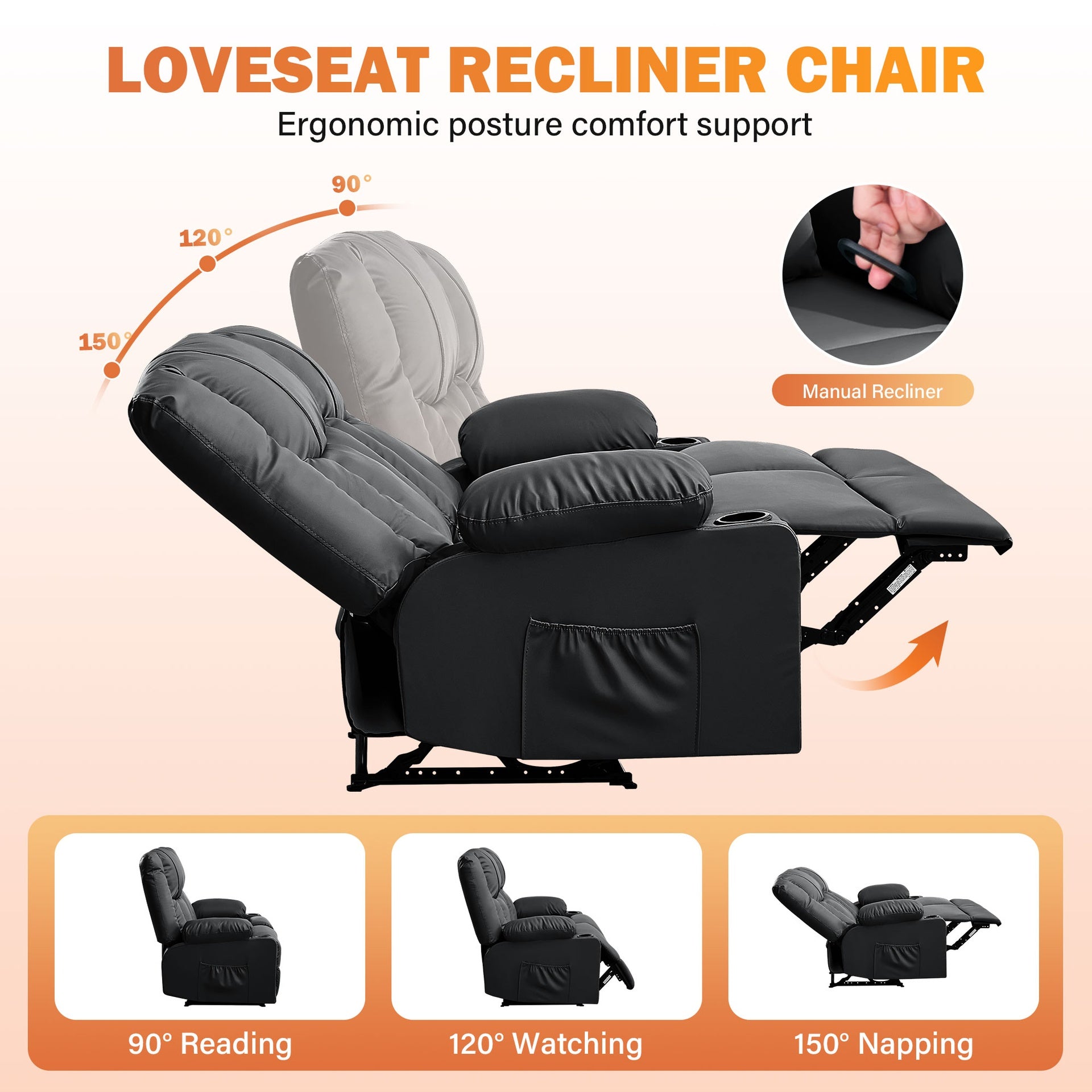 Recliner Loveseat with Massage and Heating for Living Room,Love Seat Manual Oversized Recliner with Cup Holders,Side Pocket for Adult,BLACK