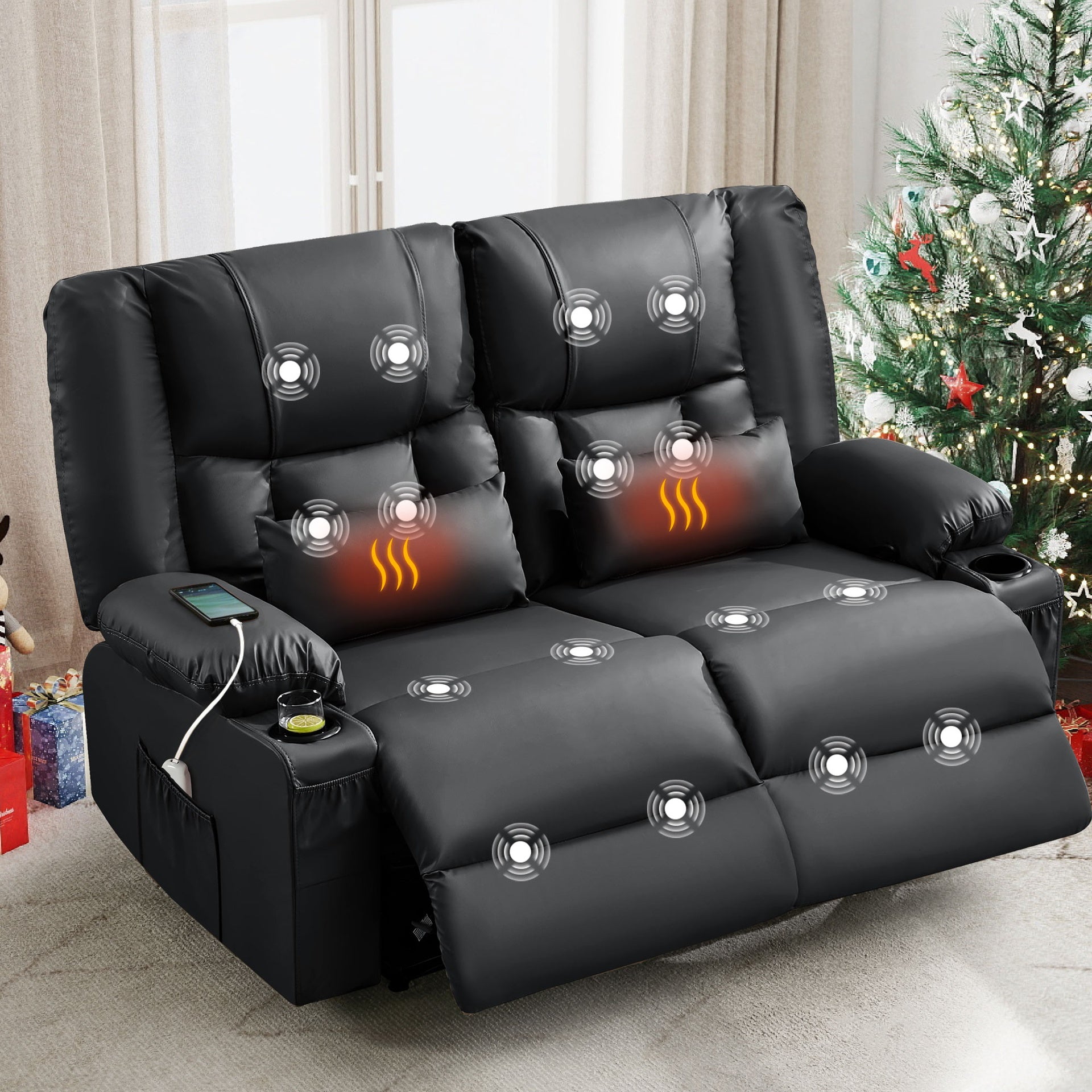 Recliner Loveseat with Massage and Heating for Living Room,Love Seat Manual Oversized Recliner with Cup Holders,Side Pocket for Adult,BLACK