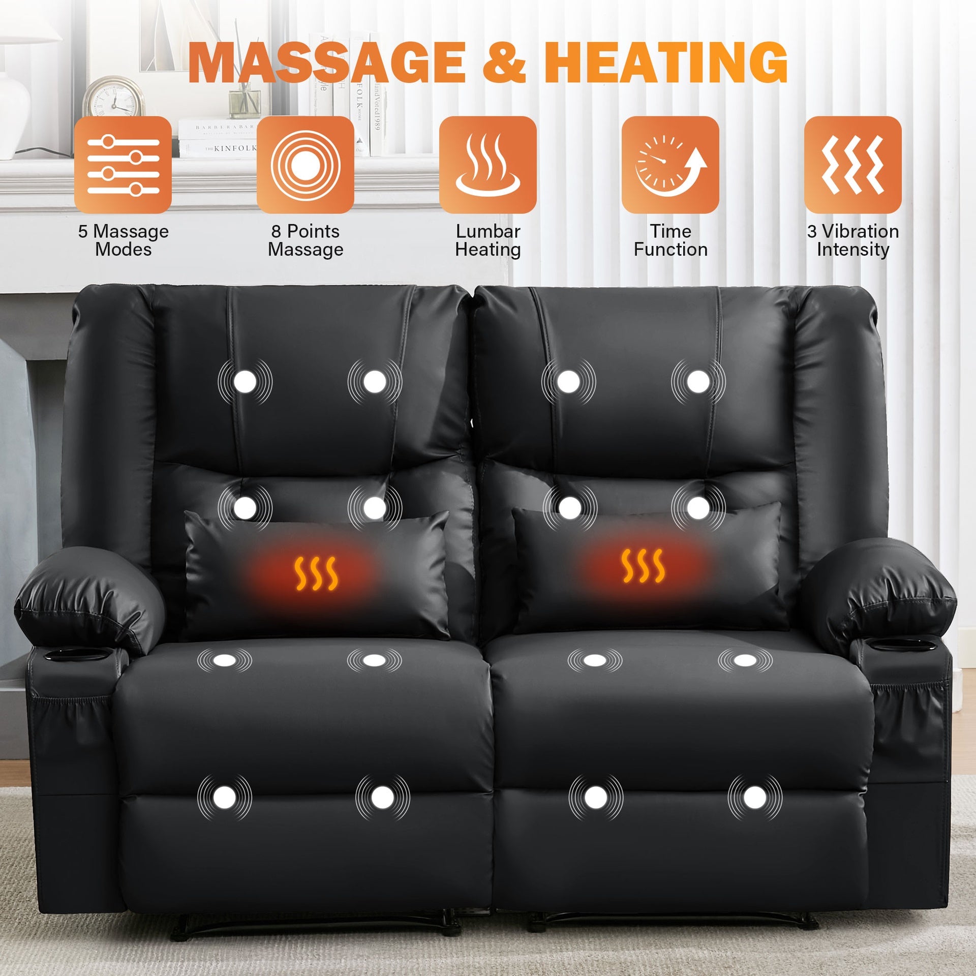 Recliner Loveseat with Massage and Heating for Living Room,Love Seat Manual Oversized Recliner with Cup Holders,Side Pocket for Adult,BLACK