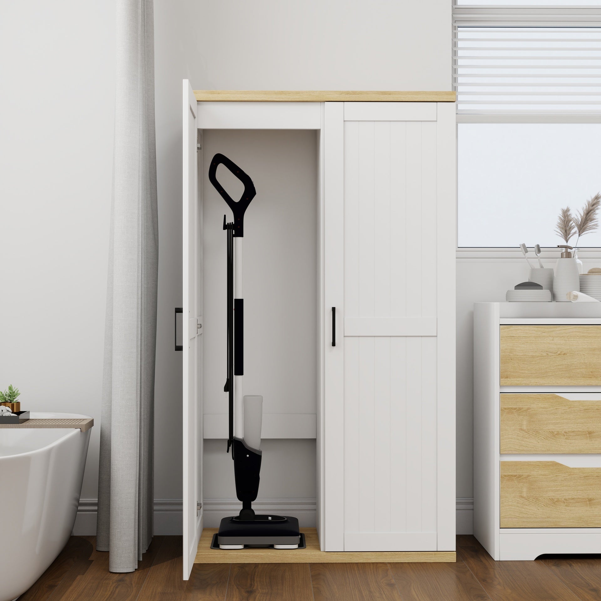 55.1" Tall Wooden Vacuum Storage Cabinet, Broom Closet Storage Cabinet with 2 Doors and a Adjustable Shelf, Cleaning Tool Cabinet for Living Room, Kitchen, Garage, Utility Room, Bathroom-White