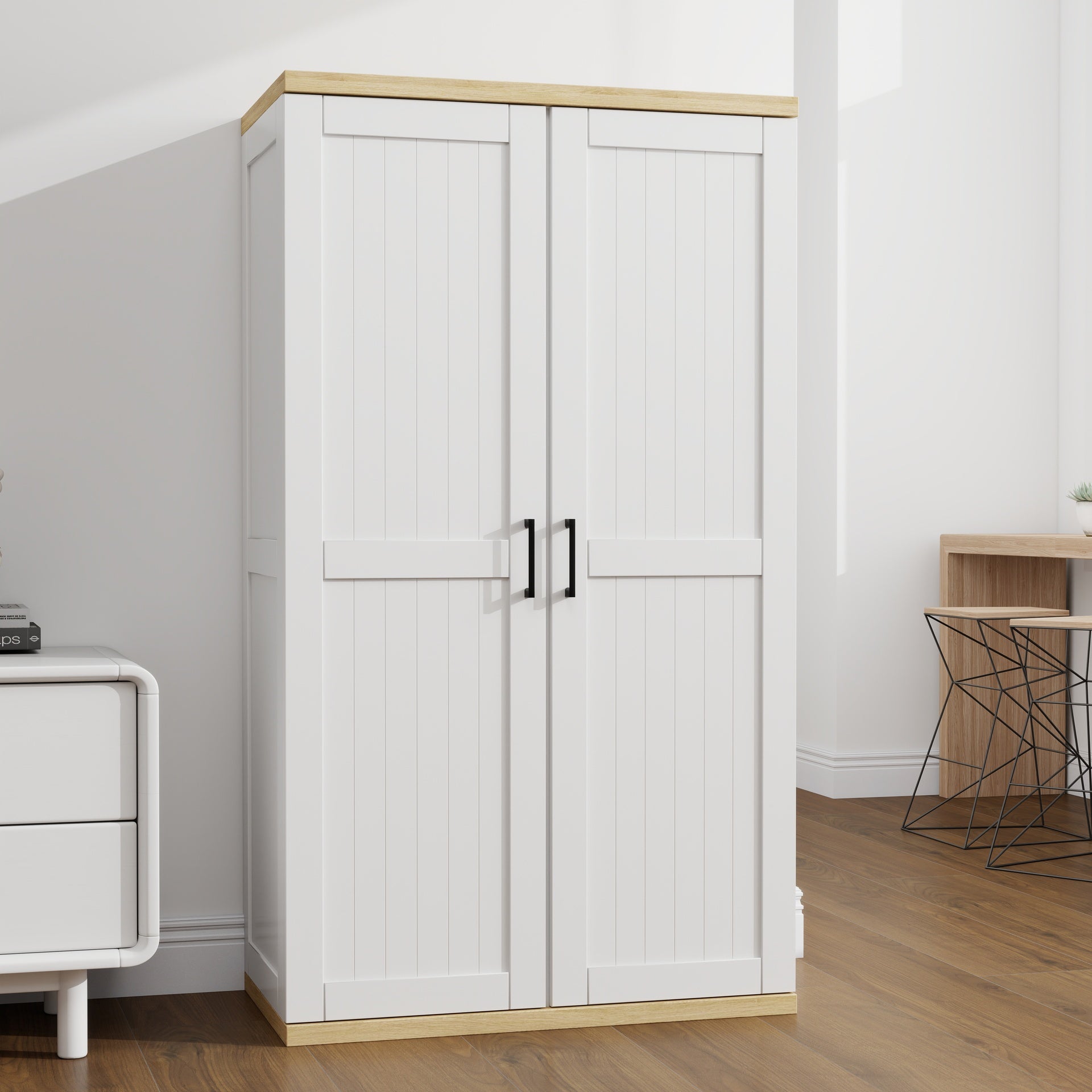 55.1" Tall Wooden Vacuum Storage Cabinet, Broom Closet Storage Cabinet with 2 Doors and a Adjustable Shelf, Cleaning Tool Cabinet for Living Room, Kitchen, Garage, Utility Room, Bathroom-White