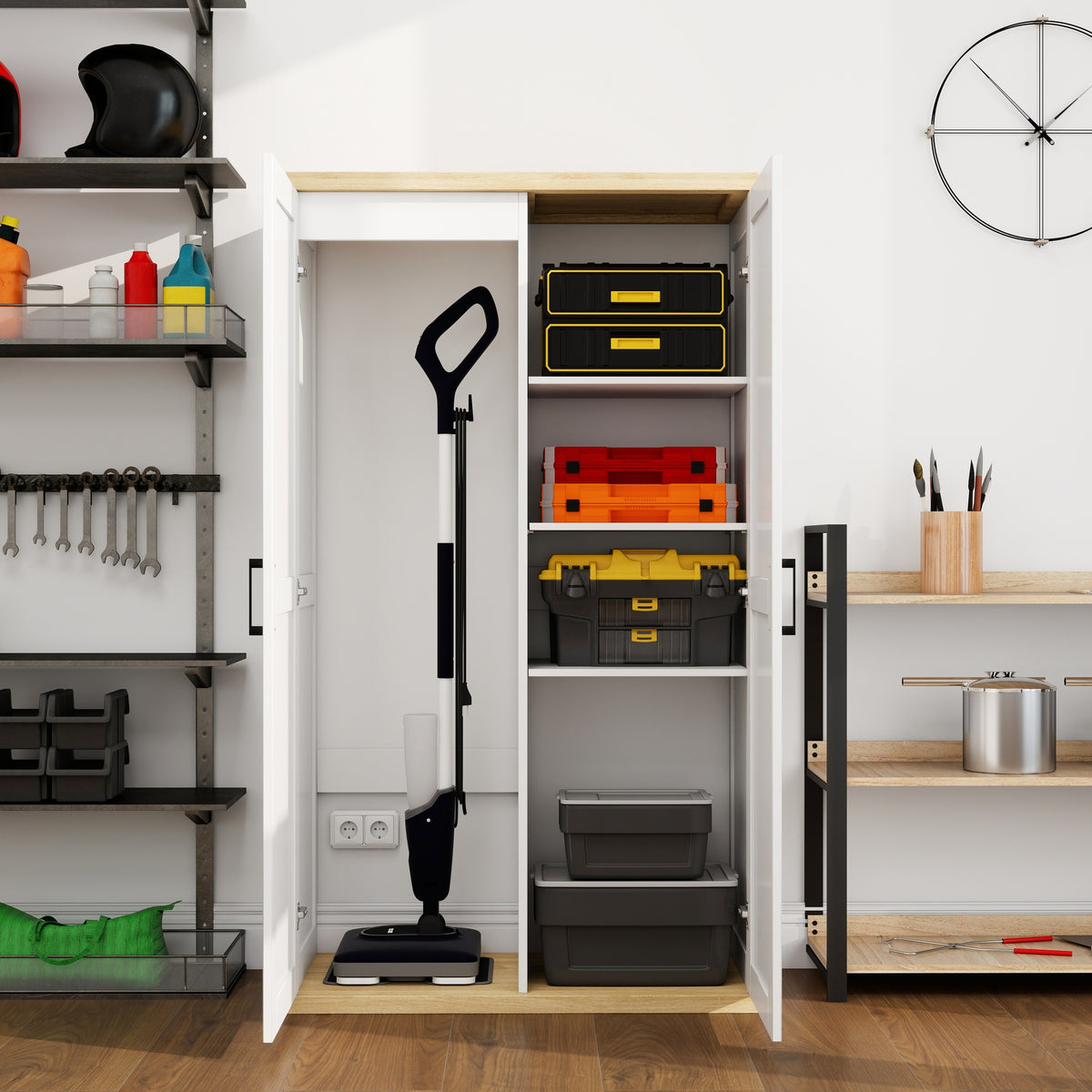 55.1" Tall Wooden Vacuum Storage Cabinet, Broom Closet Storage Cabinet with 2 Doors and a Adjustable Shelf, Cleaning Tool Cabinet for Living Room, Kitchen, Garage, Utility Room, Bathroom-White