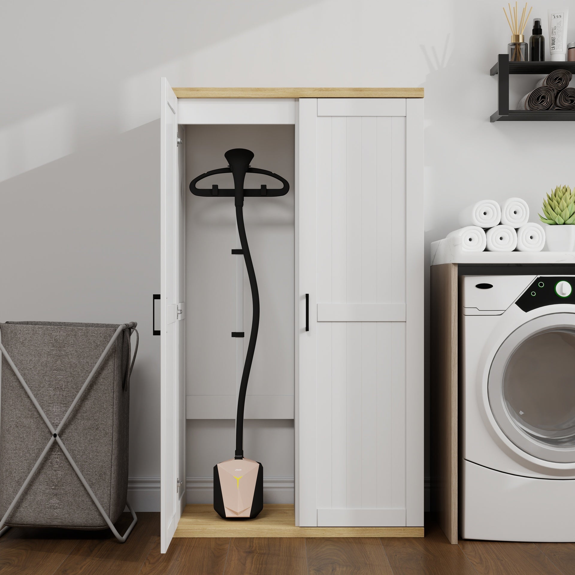 55.1" Tall Wooden Vacuum Storage Cabinet, Broom Closet Storage Cabinet with 2 Doors and a Adjustable Shelf, Cleaning Tool Cabinet for Living Room, Kitchen, Garage, Utility Room, Bathroom-White