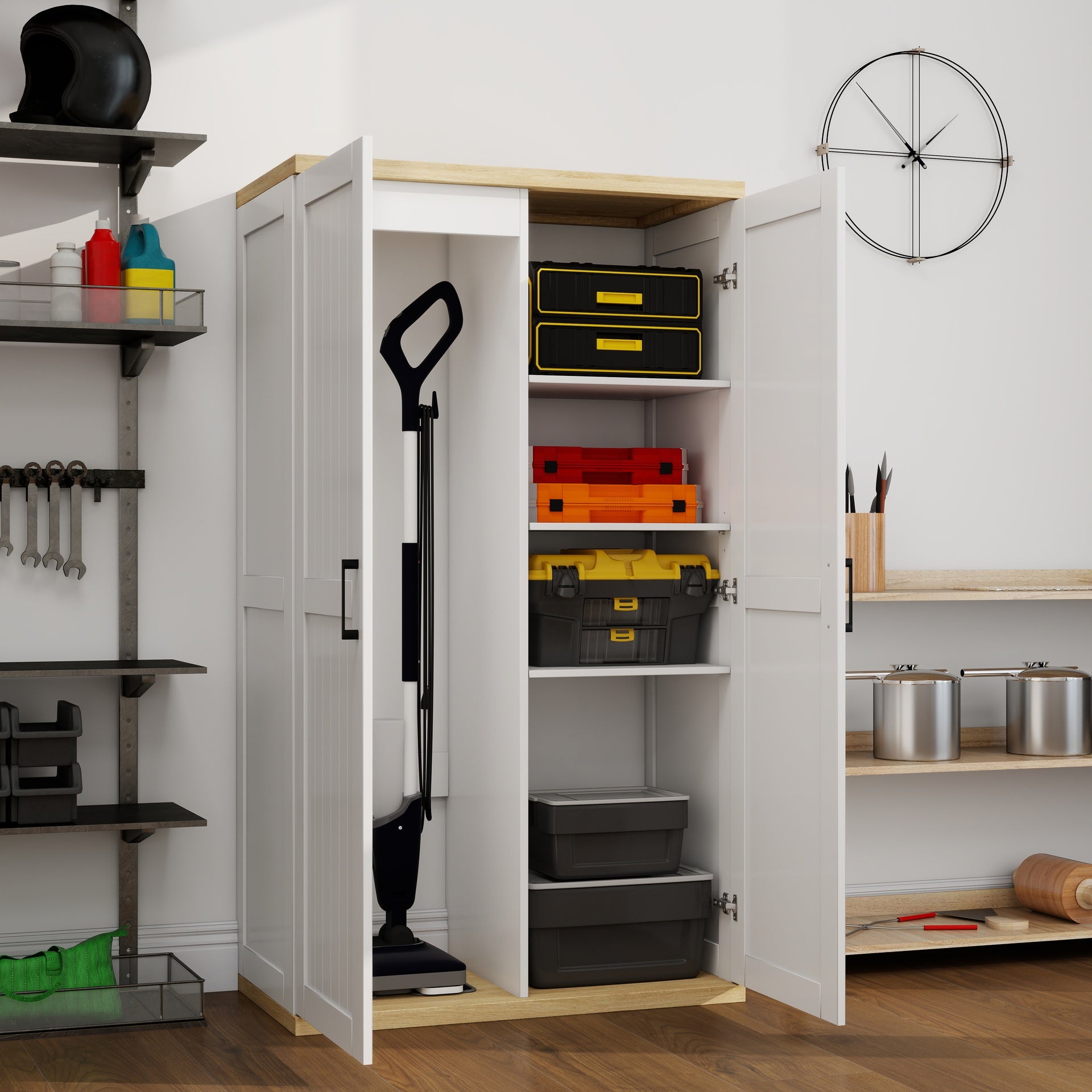 55.1" Tall Wooden Vacuum Storage Cabinet, Broom Closet Storage Cabinet with 2 Doors and a Adjustable Shelf, Cleaning Tool Cabinet for Living Room, Kitchen, Garage, Utility Room, Bathroom-White
