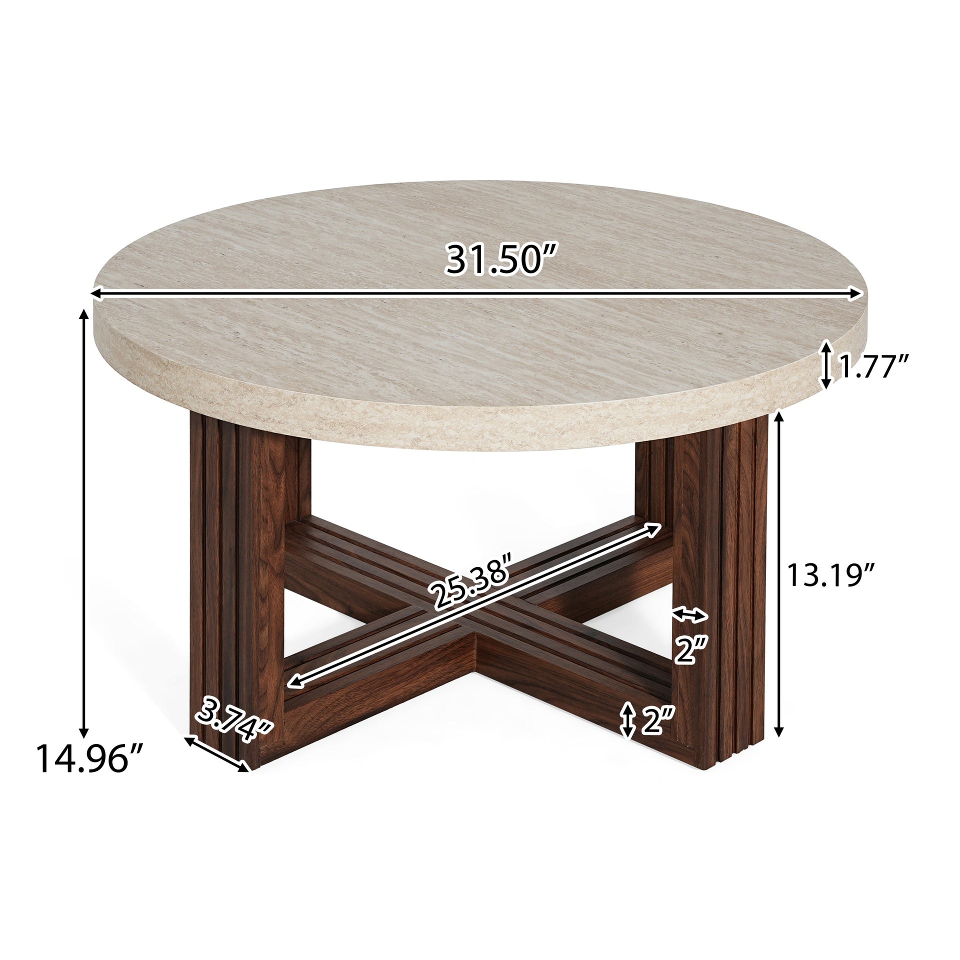 Round Coffee Table 31.5 Inch Marble Pattern Top & Cross Brown Base, Modern Center Table for Living Room with Natural Wood Grain