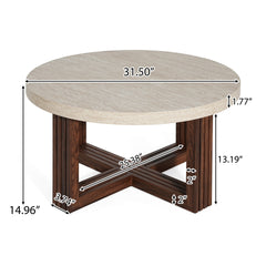 Round Coffee Table 31.5 Inch Marble Pattern Top & Cross Brown Base, Modern Center Table for Living Room with Natural Wood Grain