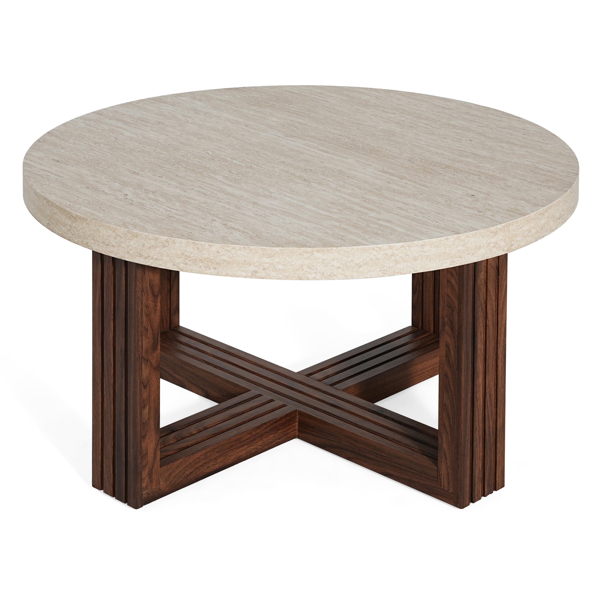 Round Coffee Table 31.5 Inch Marble Pattern Top & Cross Brown Base, Modern Center Table for Living Room with Natural Wood Grain