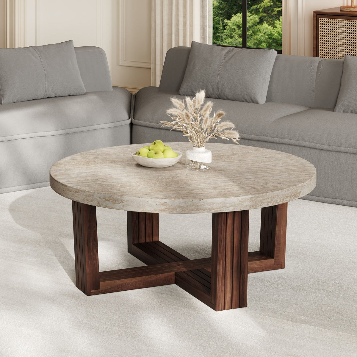 Round Coffee Table 31.5 Inch Marble Pattern Top & Cross Brown Base, Modern Center Table for Living Room with Natural Wood Grain