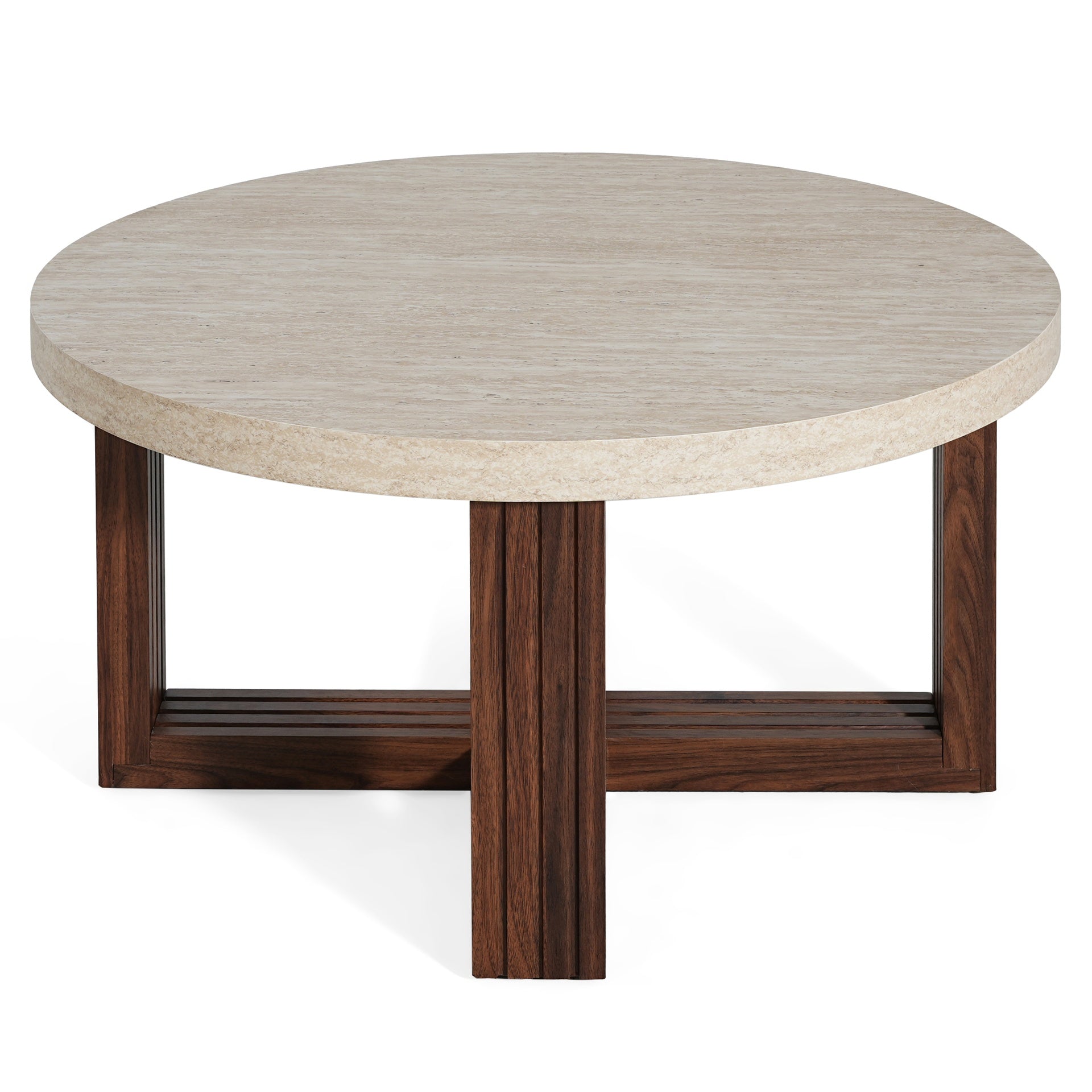 Round Coffee Table 31.5 Inch Marble Pattern Top & Cross Brown Base, Modern Center Table for Living Room with Natural Wood Grain