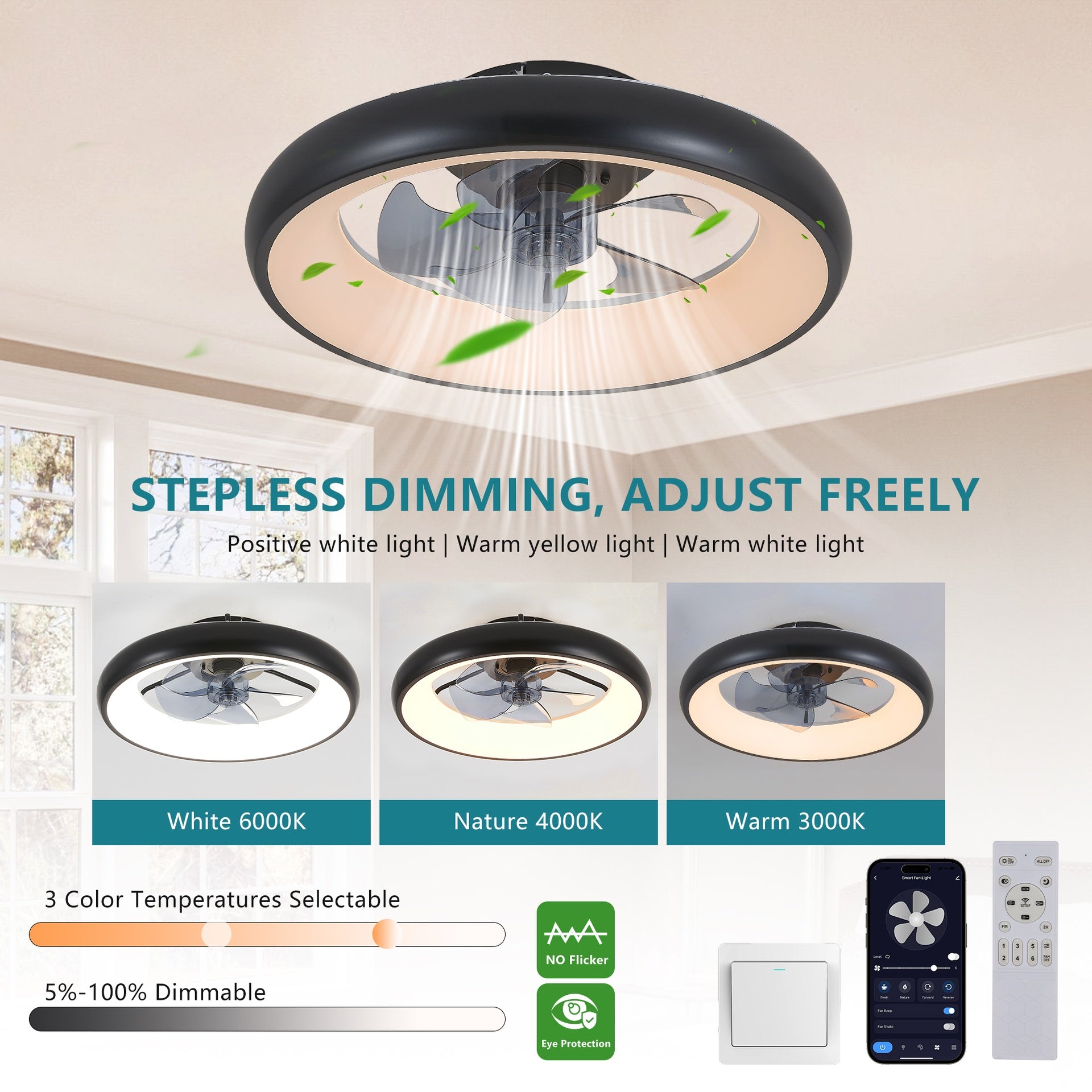 20" Black LED Ceiling Fan Light – Dimmable & Adjustable Color Temperature, APP & Remote Control, Modern Smart Ceiling Fan for Living Room, Bedroom, and Dining Room (Silent/6-Speed/Reversible/DC Motor)