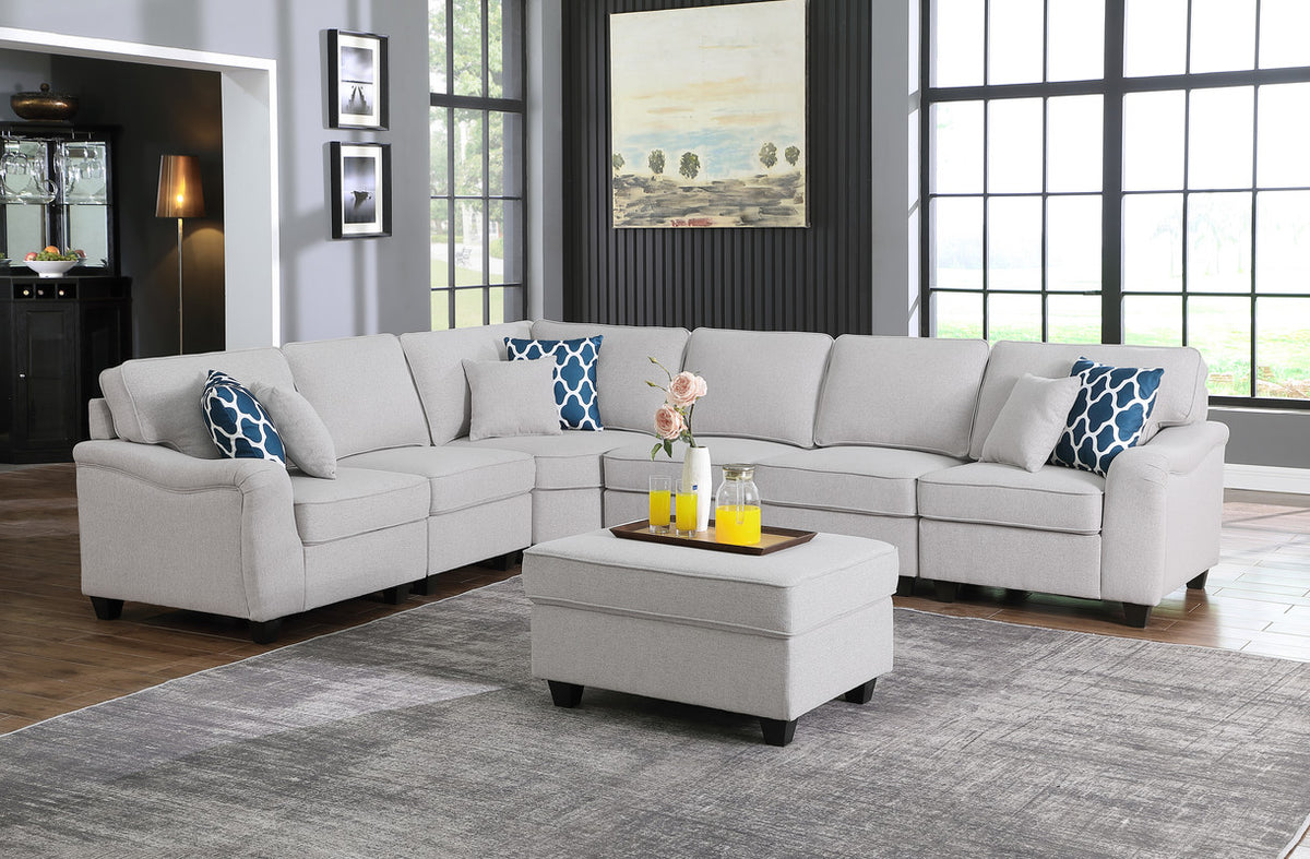 Luce 125"W Light Gray Linen 7Pc Modular L-Shape Sectional Sofa and Ottoman