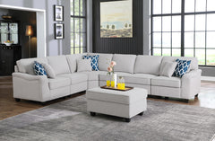 Luce 125"W Light Gray Linen 7Pc Modular L-Shape Sectional Sofa and Ottoman