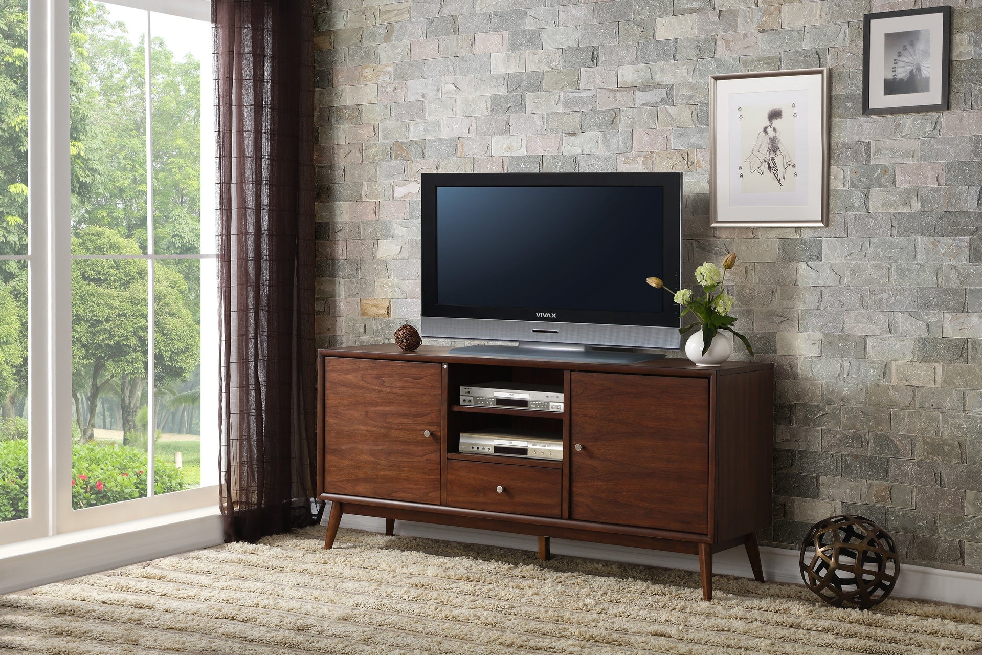 1pc Storage TV Stand Brown Finish Drawer Storage Cabinets Adjustable Shelfs Wooden Living Room Furniture, TV Console Table