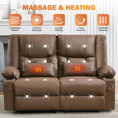Recliner Loveseat with Massage and Heating for Living Room,Love Seat Manual Oversized Recliner with Cup Holders,Side Pocket for Adult,BROWN